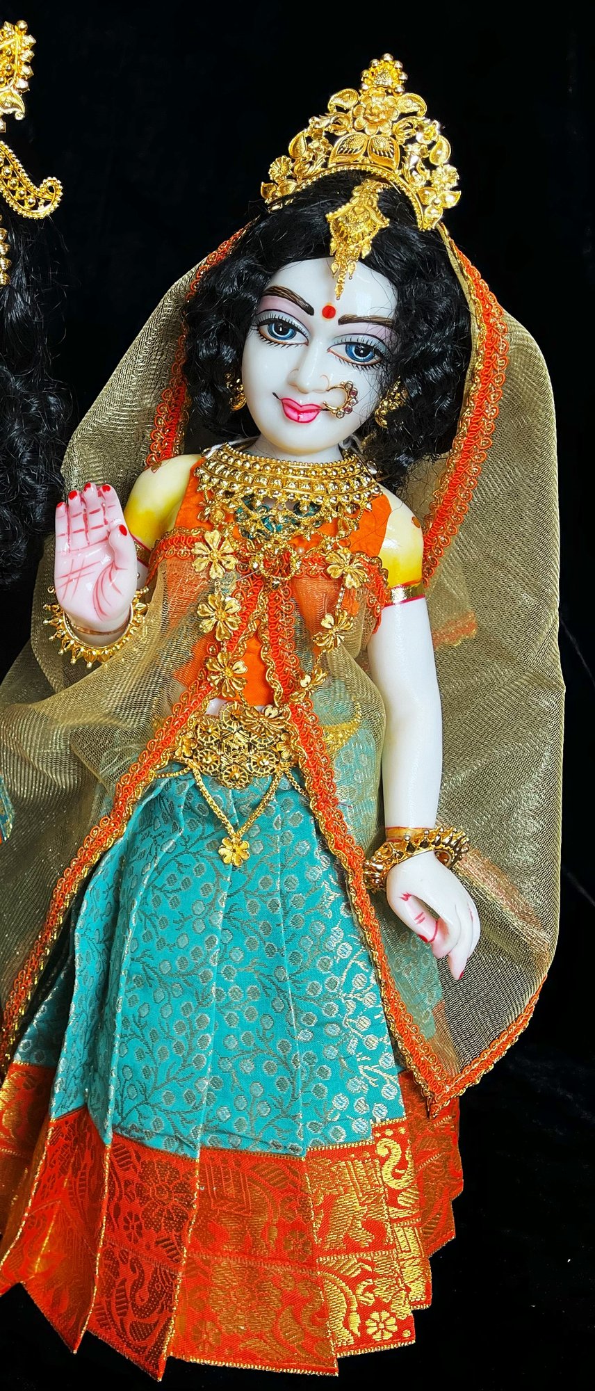 Deity half saree / lehenga patka made of Brocade Silk Fabric (Pure Silk) - Teal Blue lehenga with  Orange with Gold zari border and Gold net dupatta