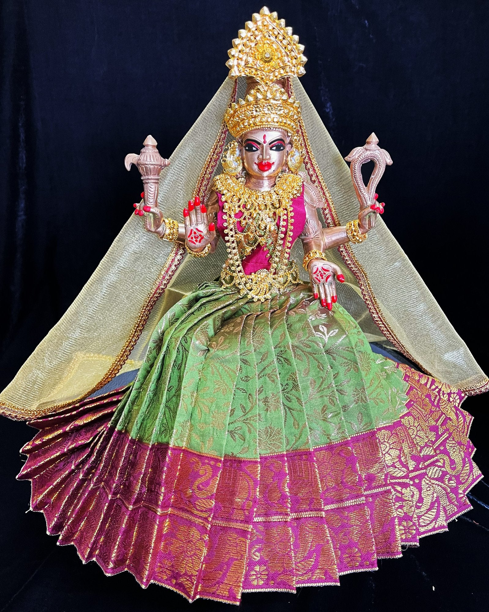 Deity half saree / lehenga patka made of Brocade Silk Fabric (Pure Silk) - Sap Green  lehenga with  maroon border and Gold net dupatta 2