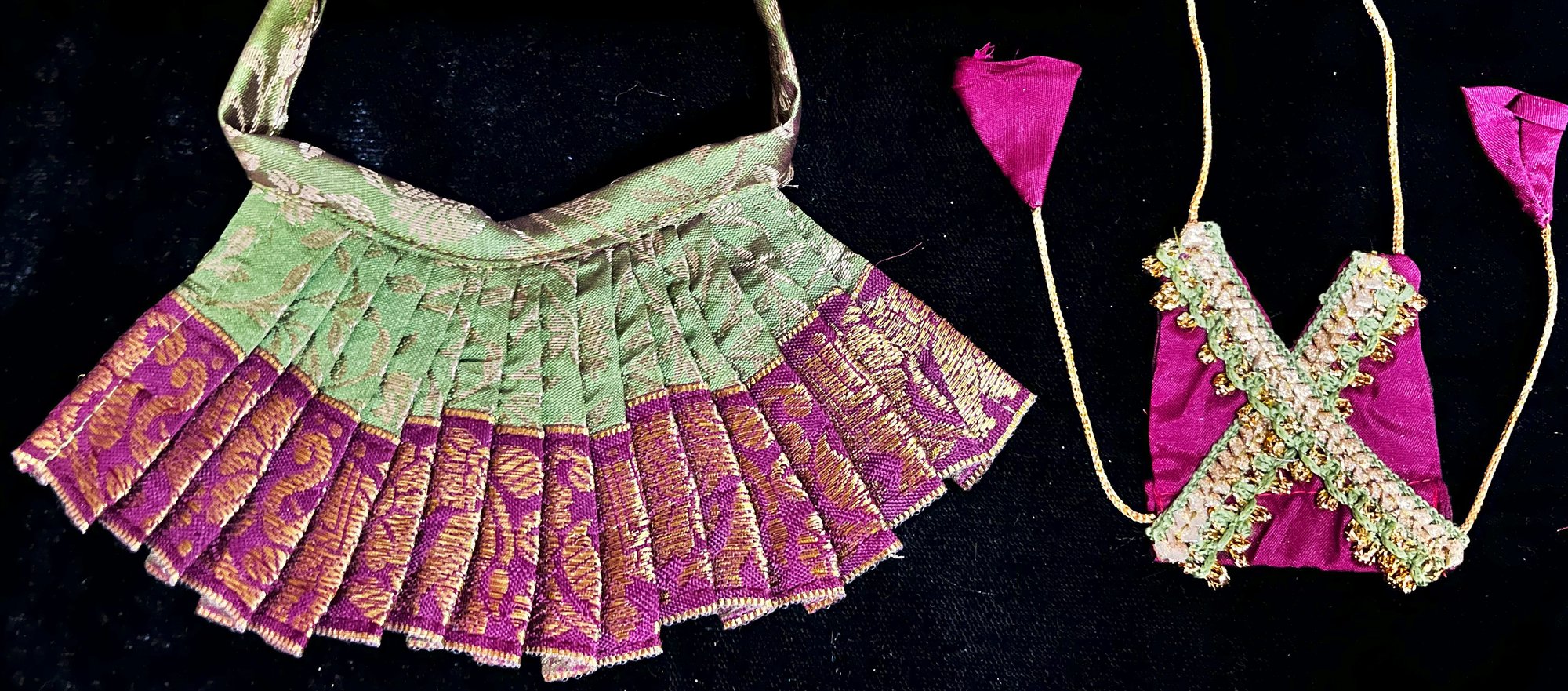 Deity half saree / lehenga patka made of Brocade Silk Fabric (Pure Silk) - Sap Green  lehenga with  maroon border and Gold net dupatta 3