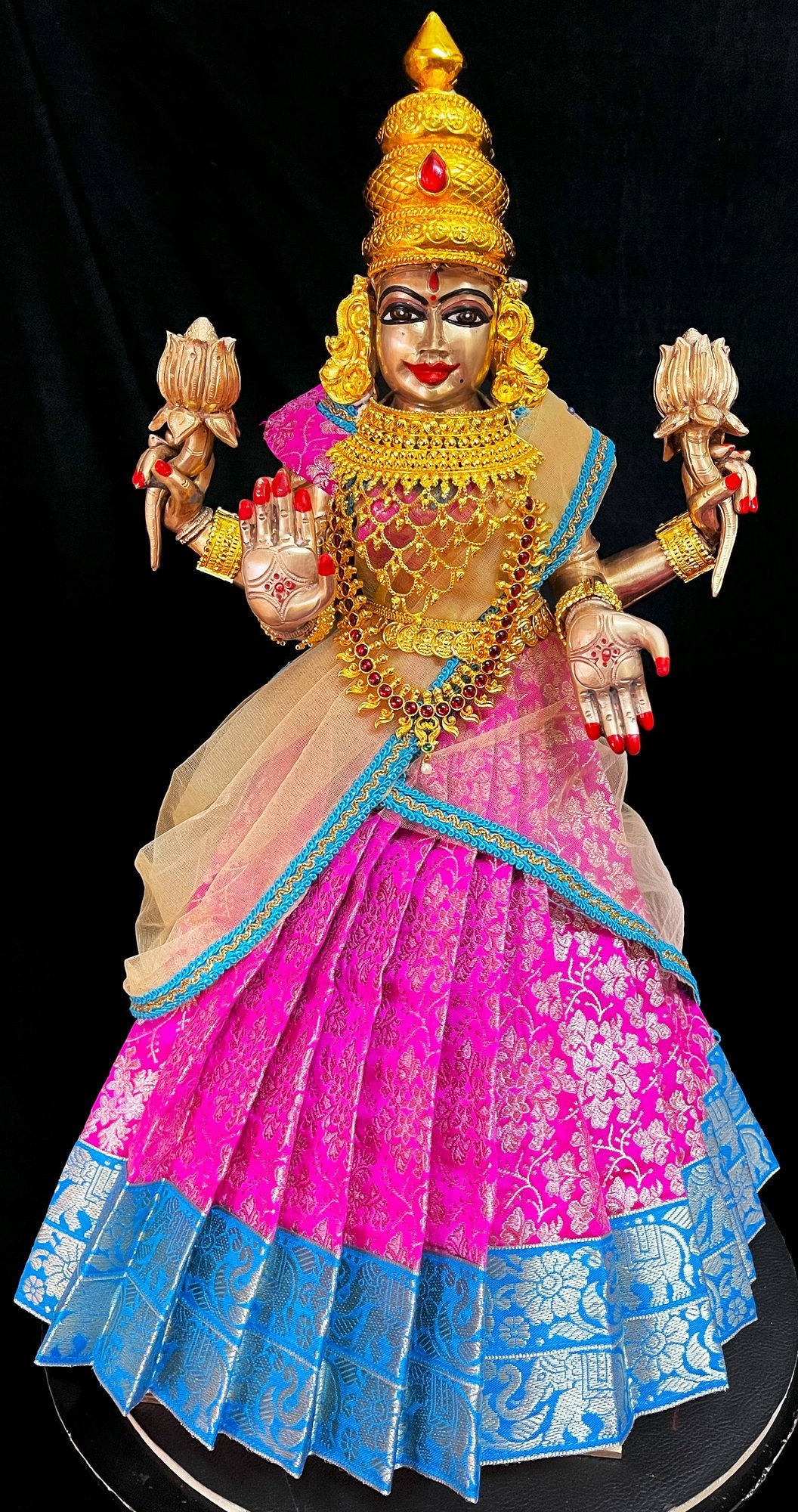 Deity half saree / lehenga patka made of Brocade Silk Fabric (Pure Silk) - Rani Pink lehenga with  Sky Blue zari border and Gold net dupatta 3