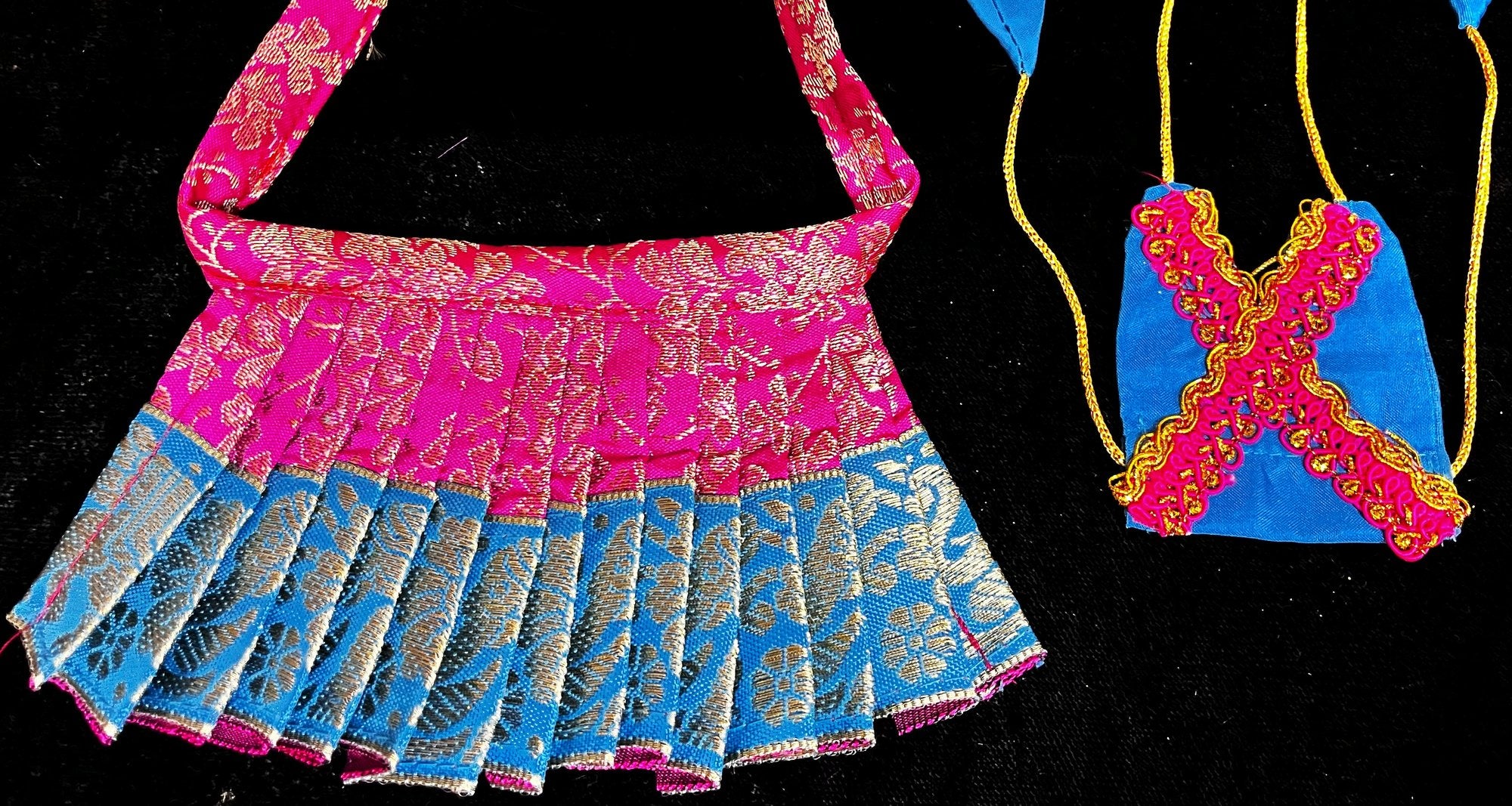 Deity half saree / lehenga patka made of Brocade Silk Fabric (Pure Silk) - Rani Pink lehenga with  Sky Blue zari border and Gold net dupatta 4