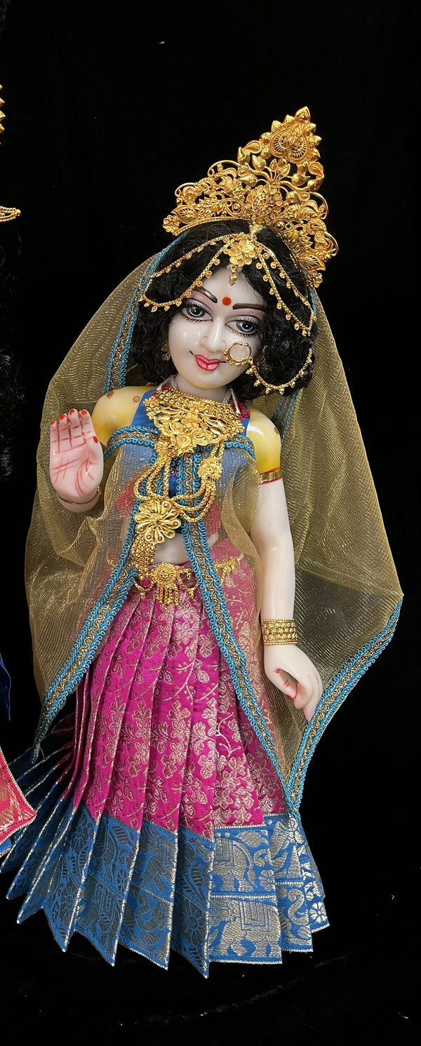 Deity half saree / lehenga patka made of Brocade Silk Fabric (Pure Silk) - Rani Pink lehenga with  Sky Blue zari border and Gold net dupatta