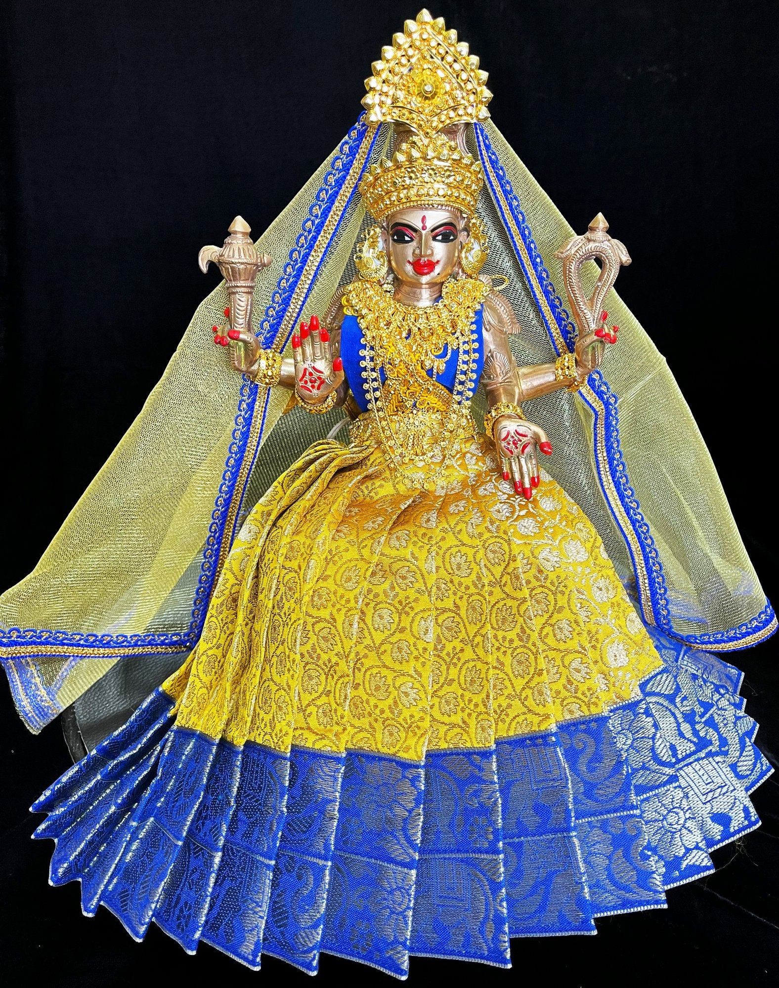 Deity half saree / lehenga patka made of Brocade Silk Fabric (Pure Silk) - Yellow  lehenga with Blue zari border and Gold net dupatta 2