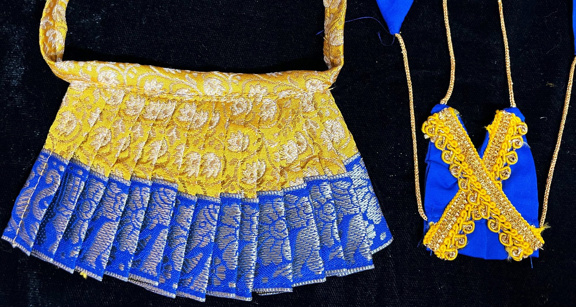 Deity half saree / lehenga patka made of Brocade Silk Fabric (Pure Silk) - Yellow  lehenga with Blue zari border and Gold net dupatta 3