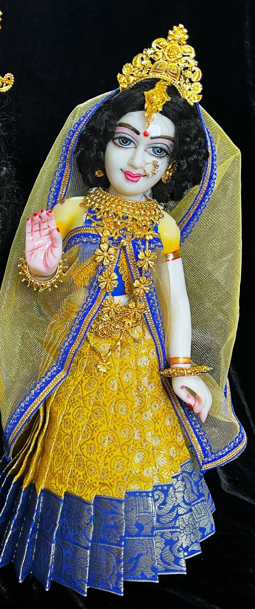 Deity half saree / lehenga patka made of Brocade Silk Fabric (Pure Silk) - Yellow  lehenga with Blue zari border and Gold net dupatta