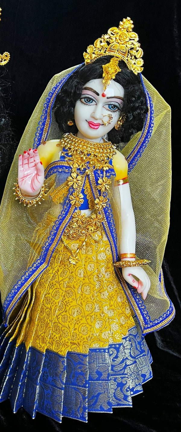 Deity half saree / lehenga patka made of Brocade Silk Fabric (Pure Silk) - Yellow  lehenga with Blue zari border and Gold net dupatta