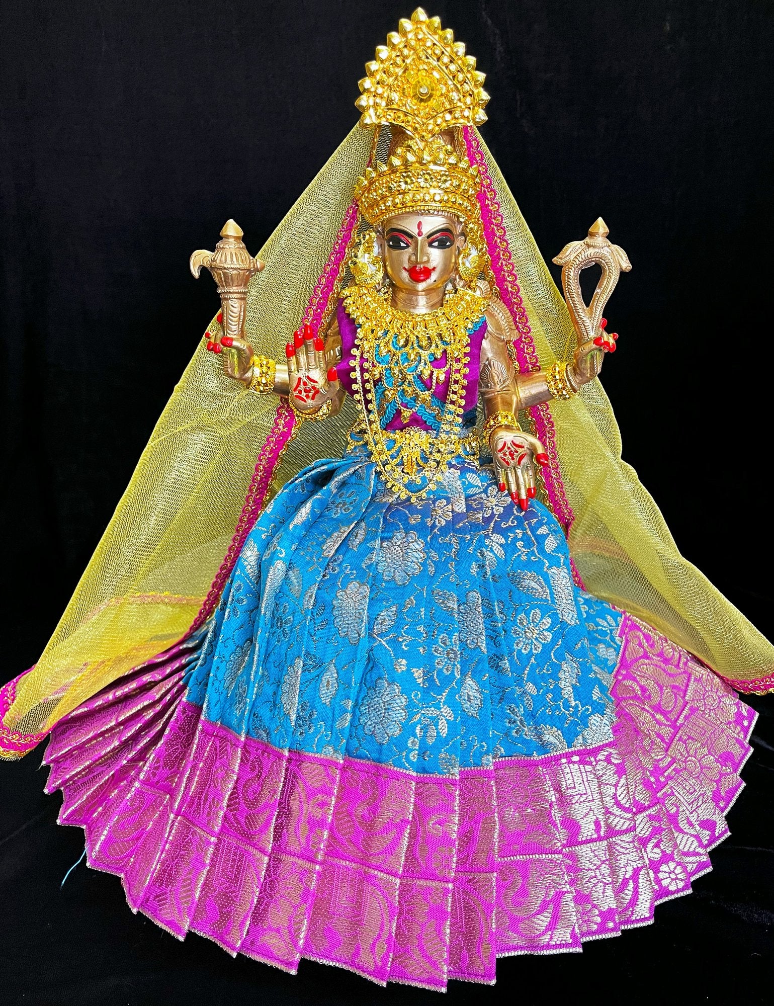Deity half saree / lehenga patka made of Brocade Silk Fabric (Pure Silk) - Sky Blue  lehenga with  Majenta Border zari border and Gold net dupatta 2