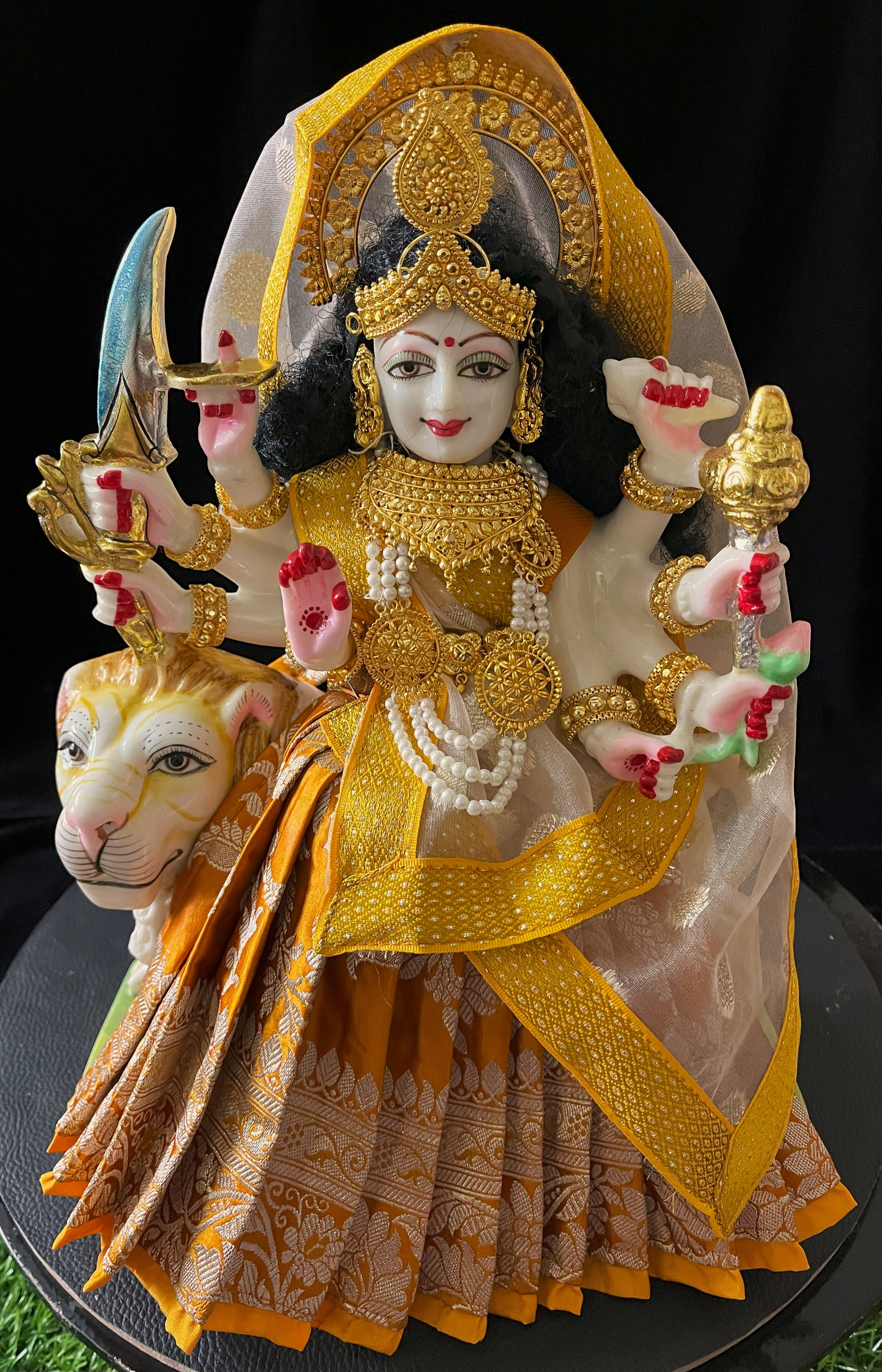 Deity half saree / lehenga patka made of Banaras Pure Silk fabric. - Mustard colour lehenga with golden colour dupatta 2