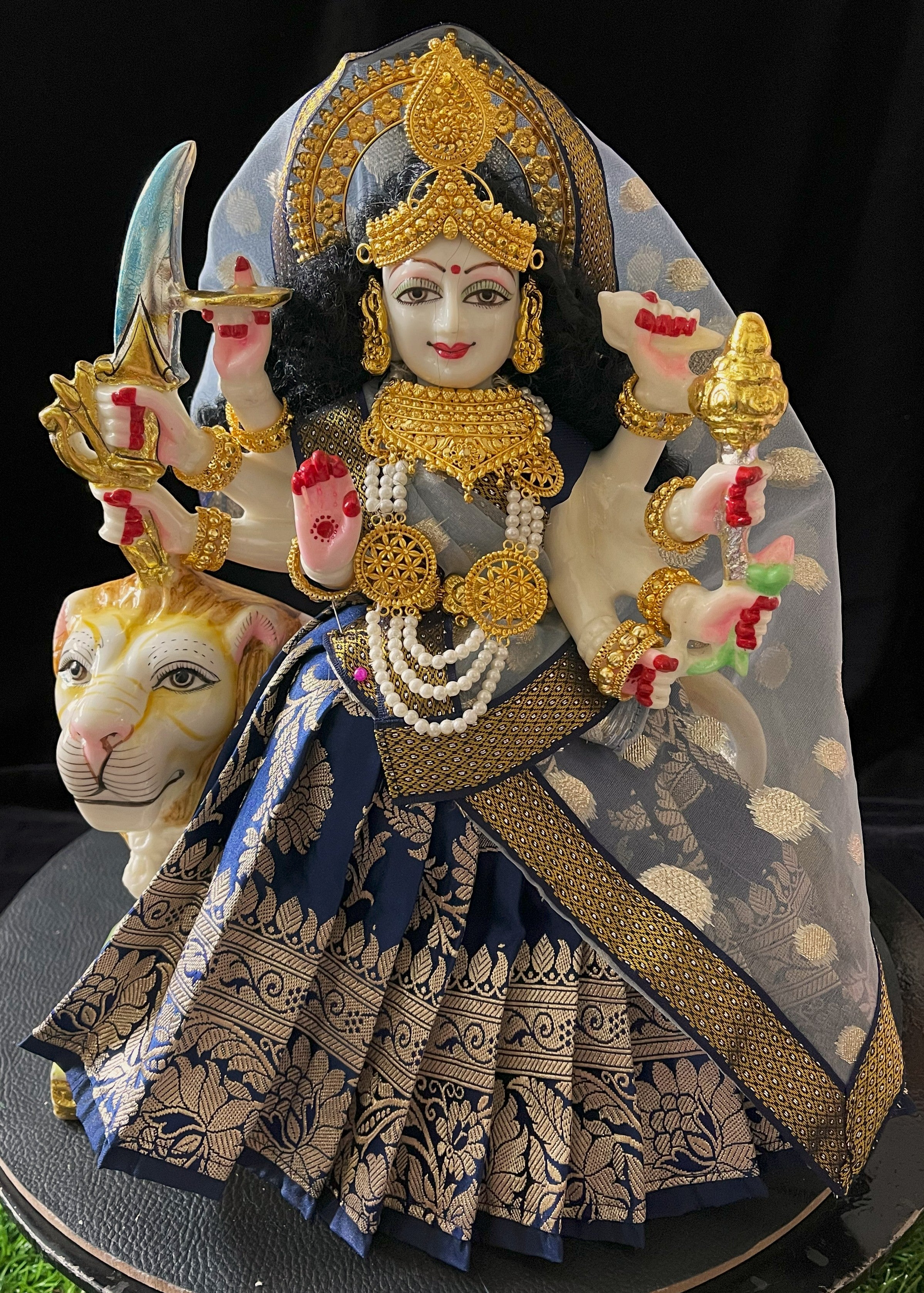 Deity half saree / lehenga patka made of Banaras Pure Silk fabric. - Navy Blue colour lehenga with light Blue colour dupatta 3