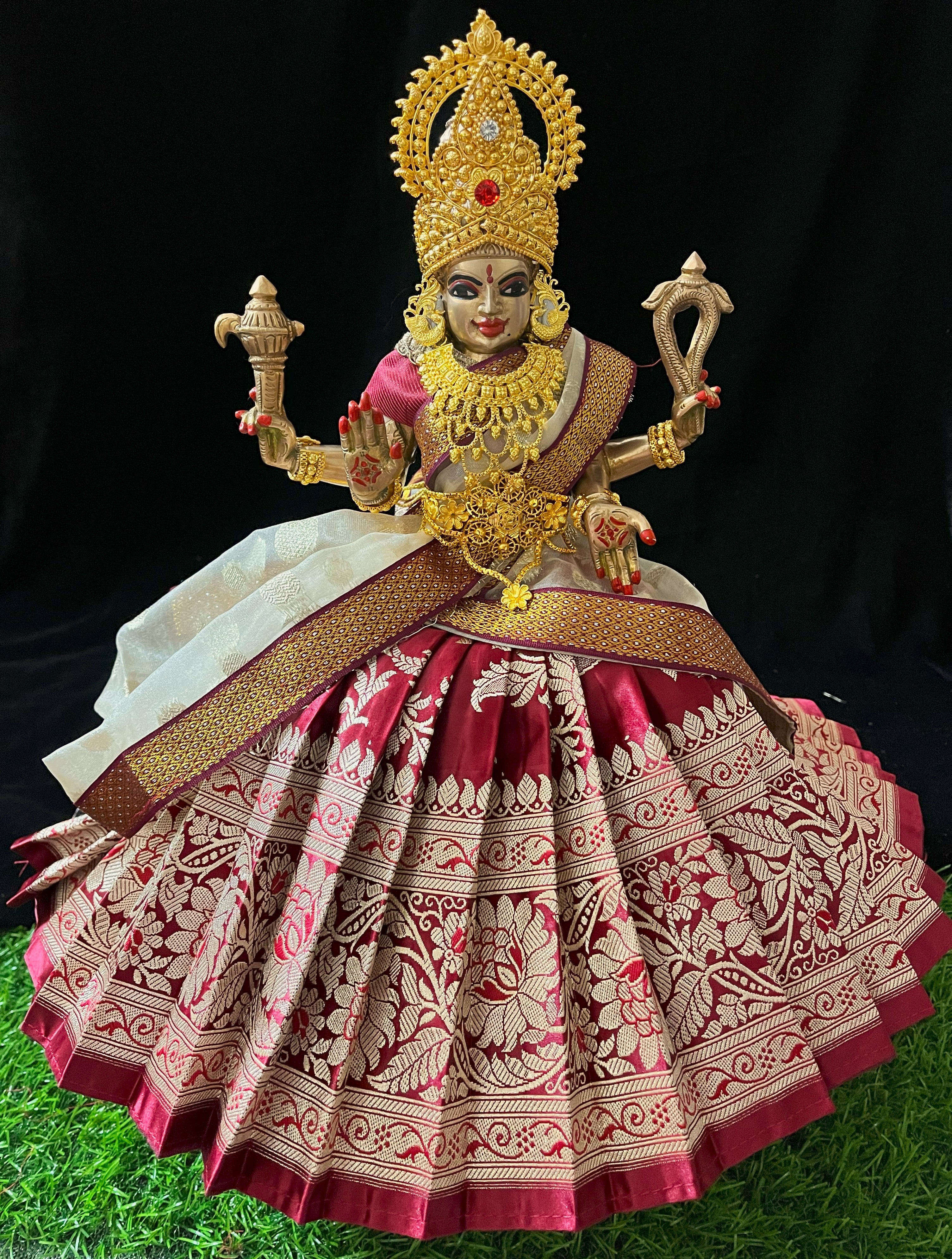 Deity half saree / lehenga patka made of Banaras Pure Silk fabric. - Maroon colour lehenga with light Orange colour dupatta 3