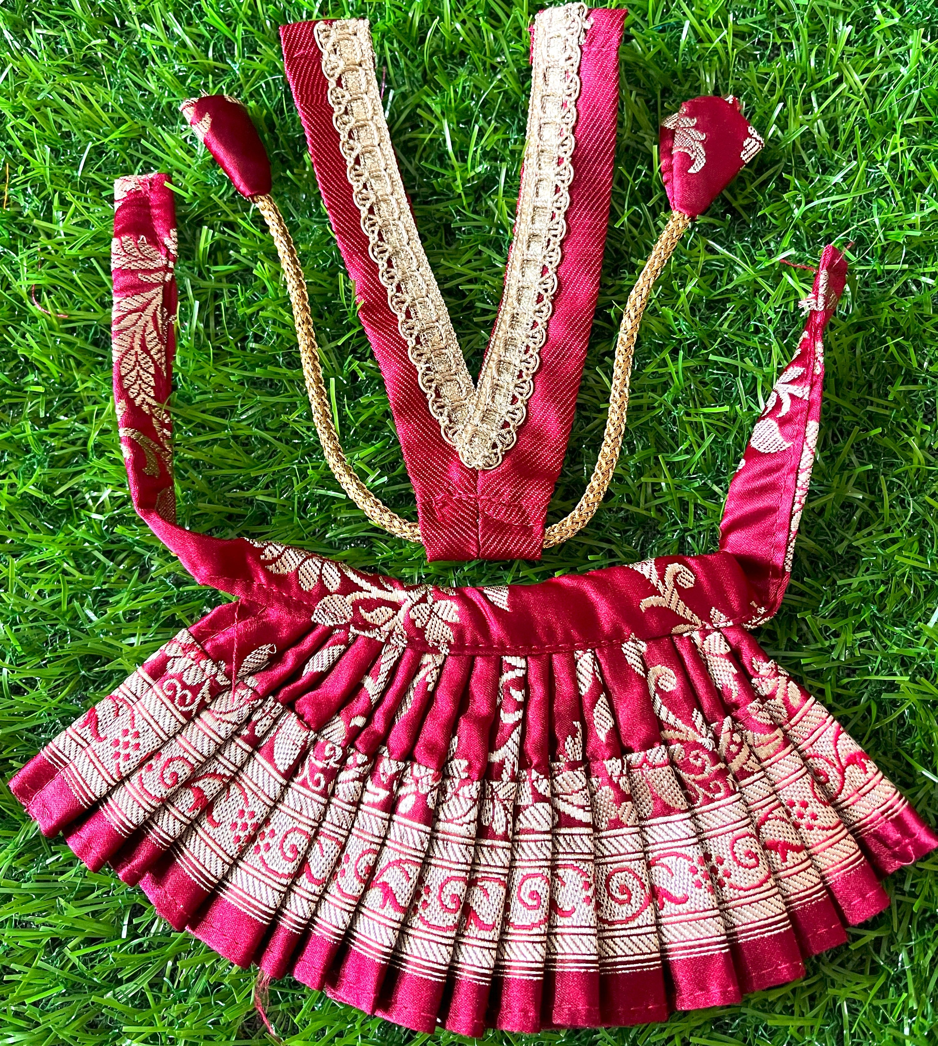Deity half saree / lehenga patka made of Banaras Pure Silk fabric. - Maroon colour lehenga with light Orange colour dupatta 4