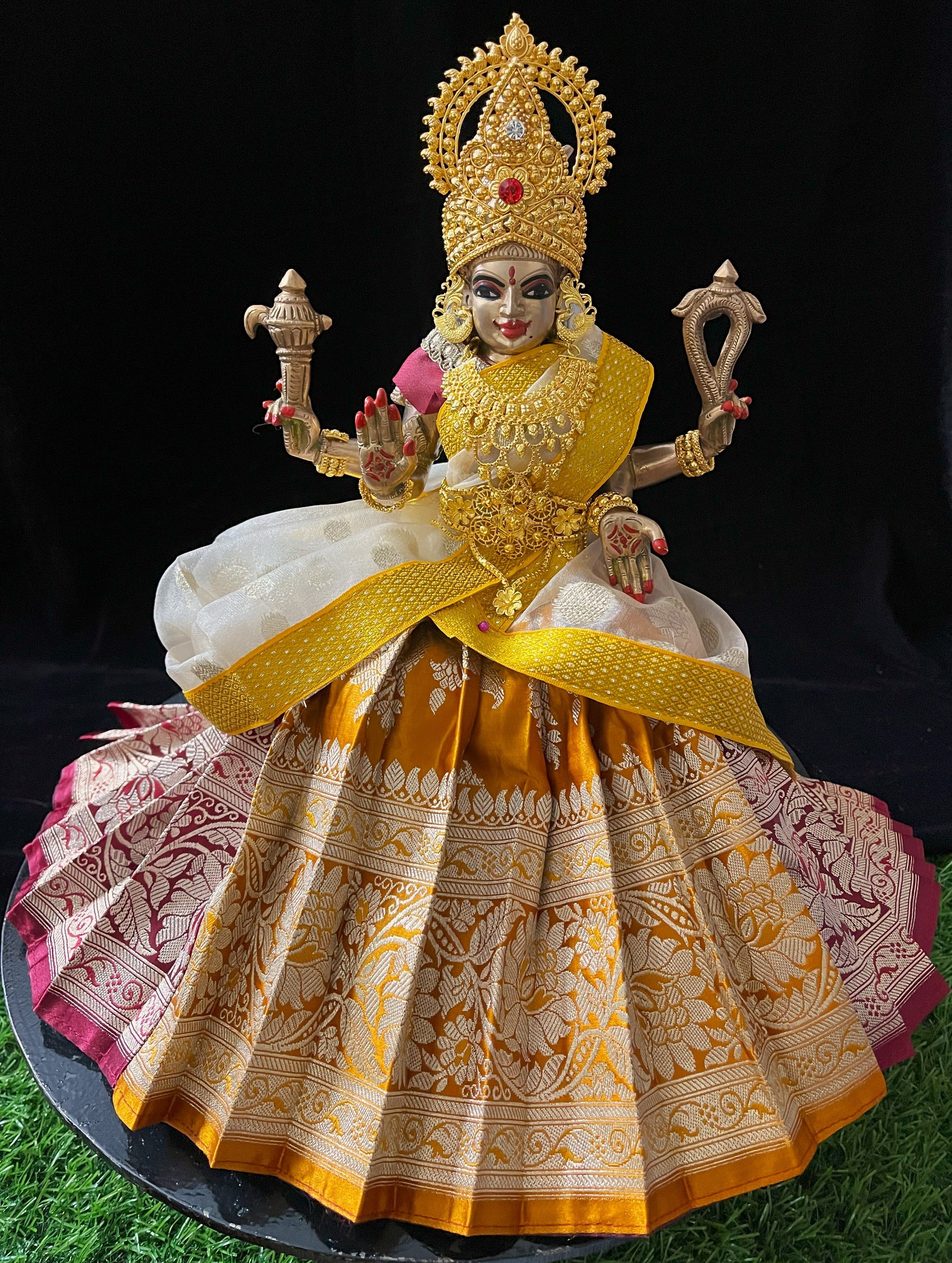Deity half saree / lehenga patka made of Banaras Pure Silk fabric. - Maroon and Mustard Yellow colour lehenga with Golden colour dupatta 2