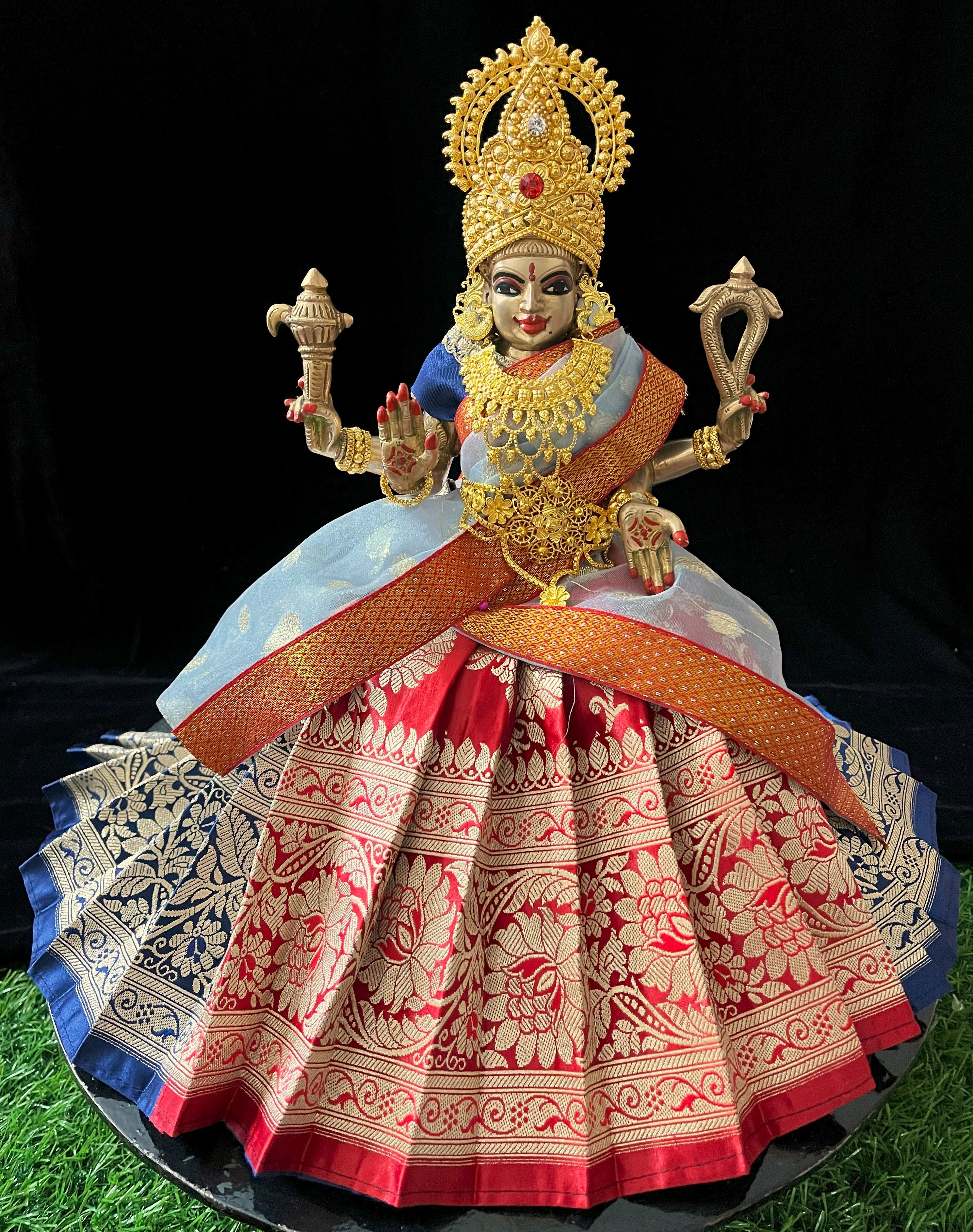 Deity half saree / lehenga patka made of Banaras Pure Silk fabric. - Navy Blue and Red colour lehenga with Light Blue colour dupatta 2