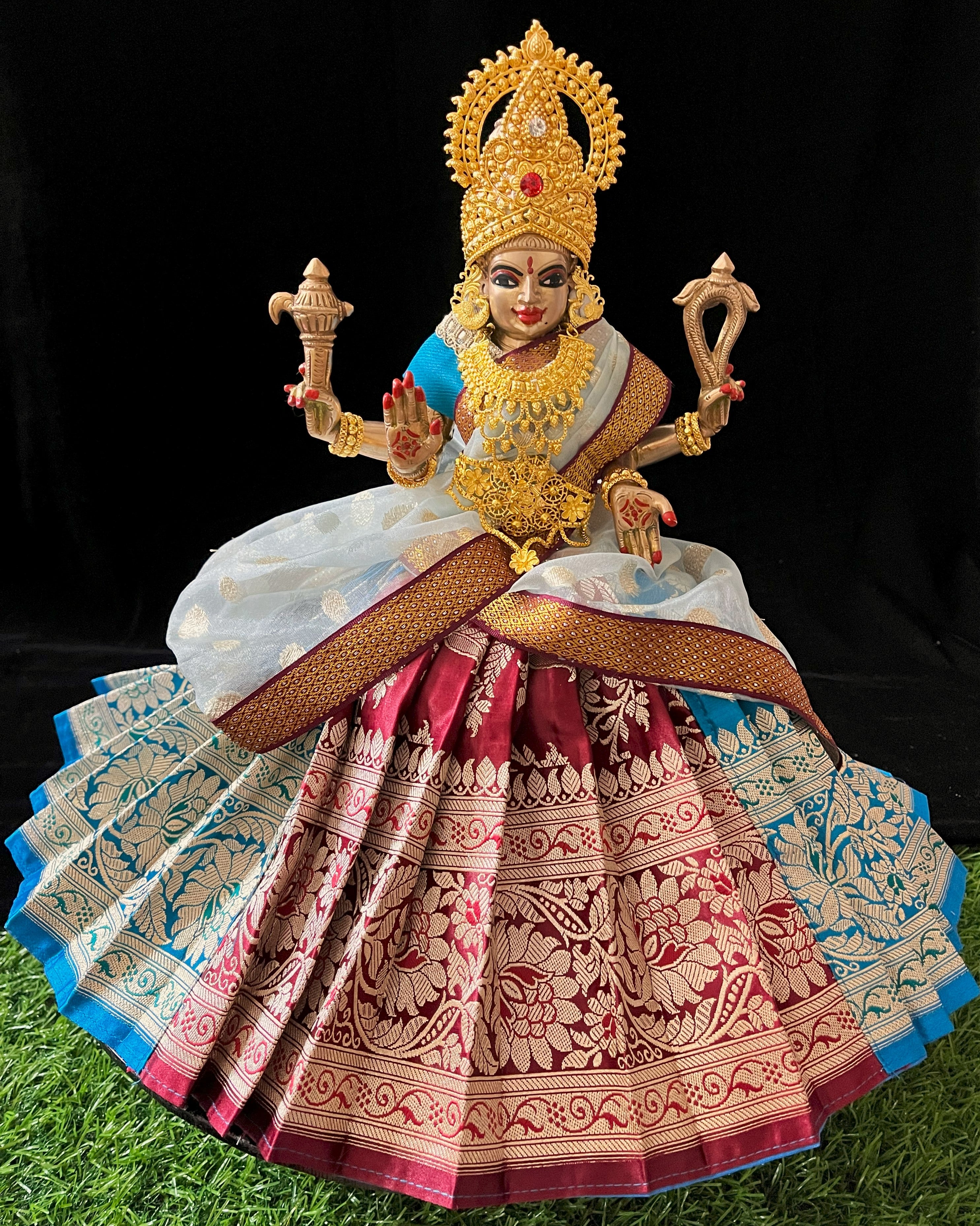 Deity half saree / lehenga patka made of Banaras Pure Silk fabric. - Light Blue and maroon colour lehenga with Light Blue colour dupatta 2