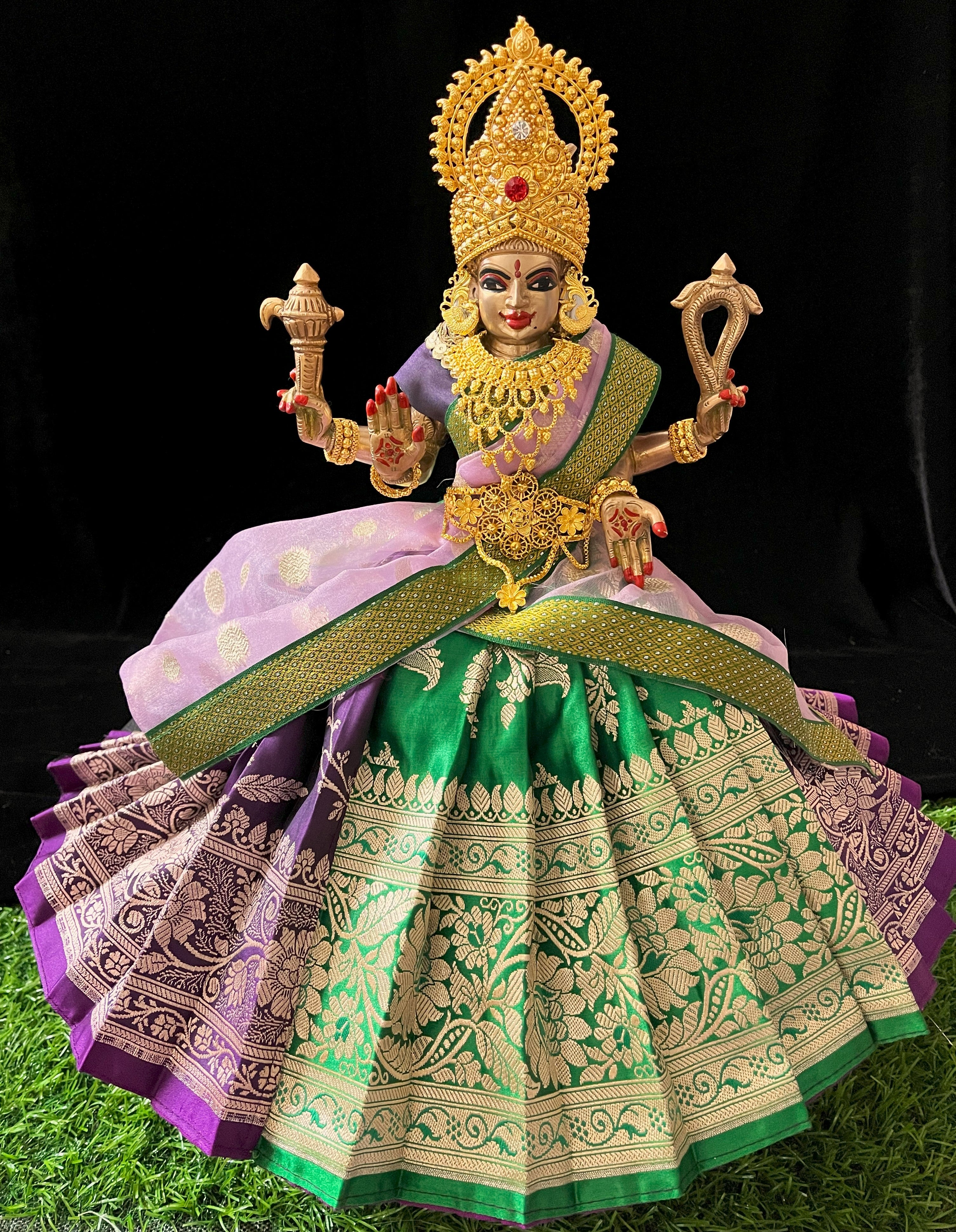 Deity half saree / lehenga patka made of Banaras Pure Silk fabric. - Violet and Dark Green colour lehenga with Pink colour dupatta 2