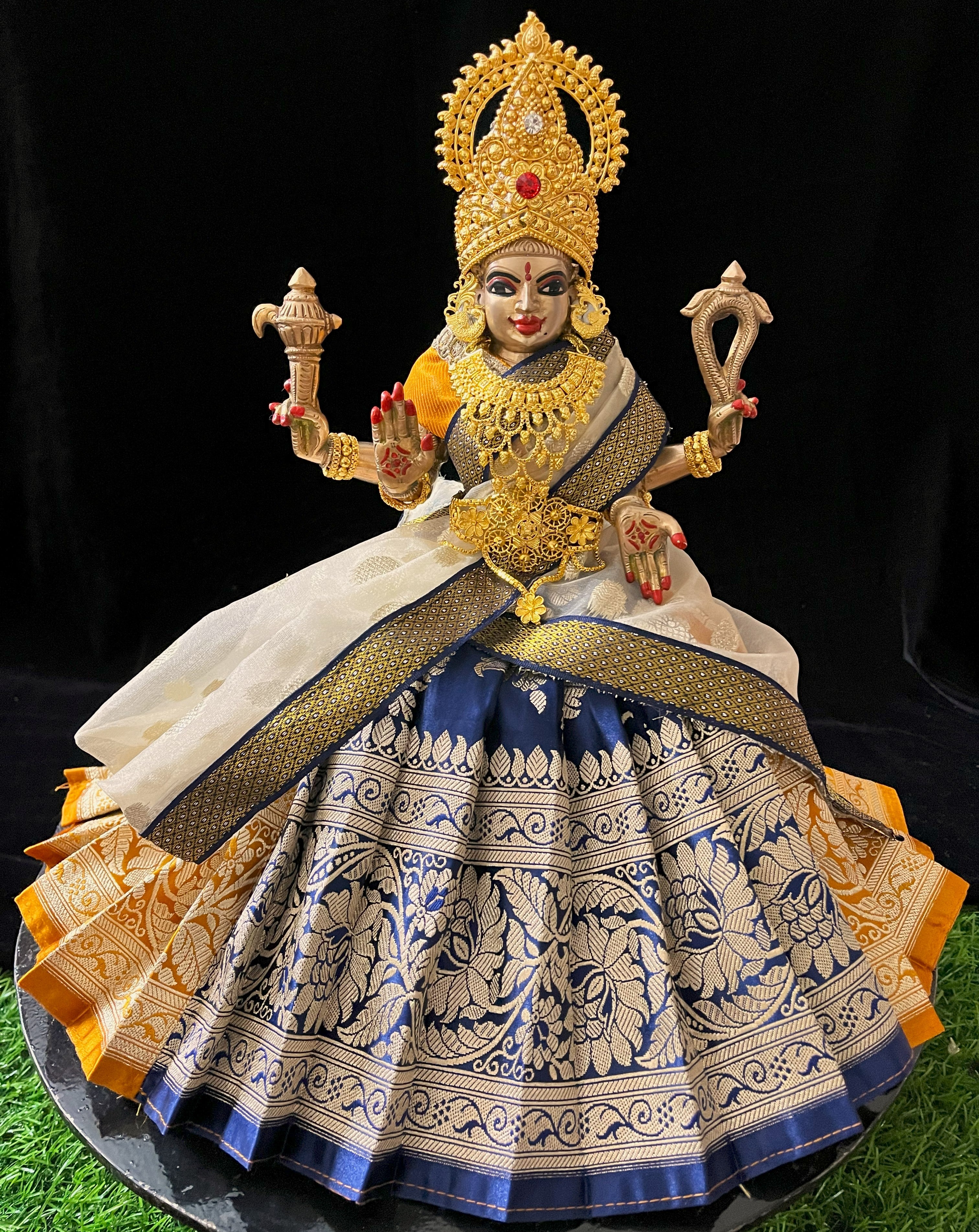 Deity half saree / lehenga patka made of Banaras Pure Silk fabric. - Mustard and Navy Blue colour lehenga with Golden colour dupatta 2