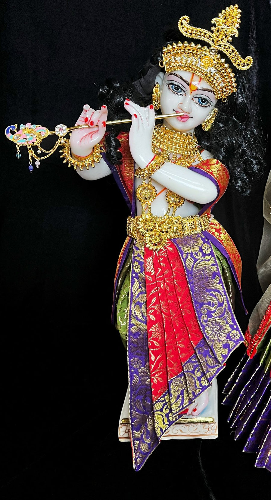 Deity dhoti and patka shalya / Uparna vastra made of Brocade Silk (Pure Silk) - Sap Green and Red Dhoti with Purple zari border and matching shalya