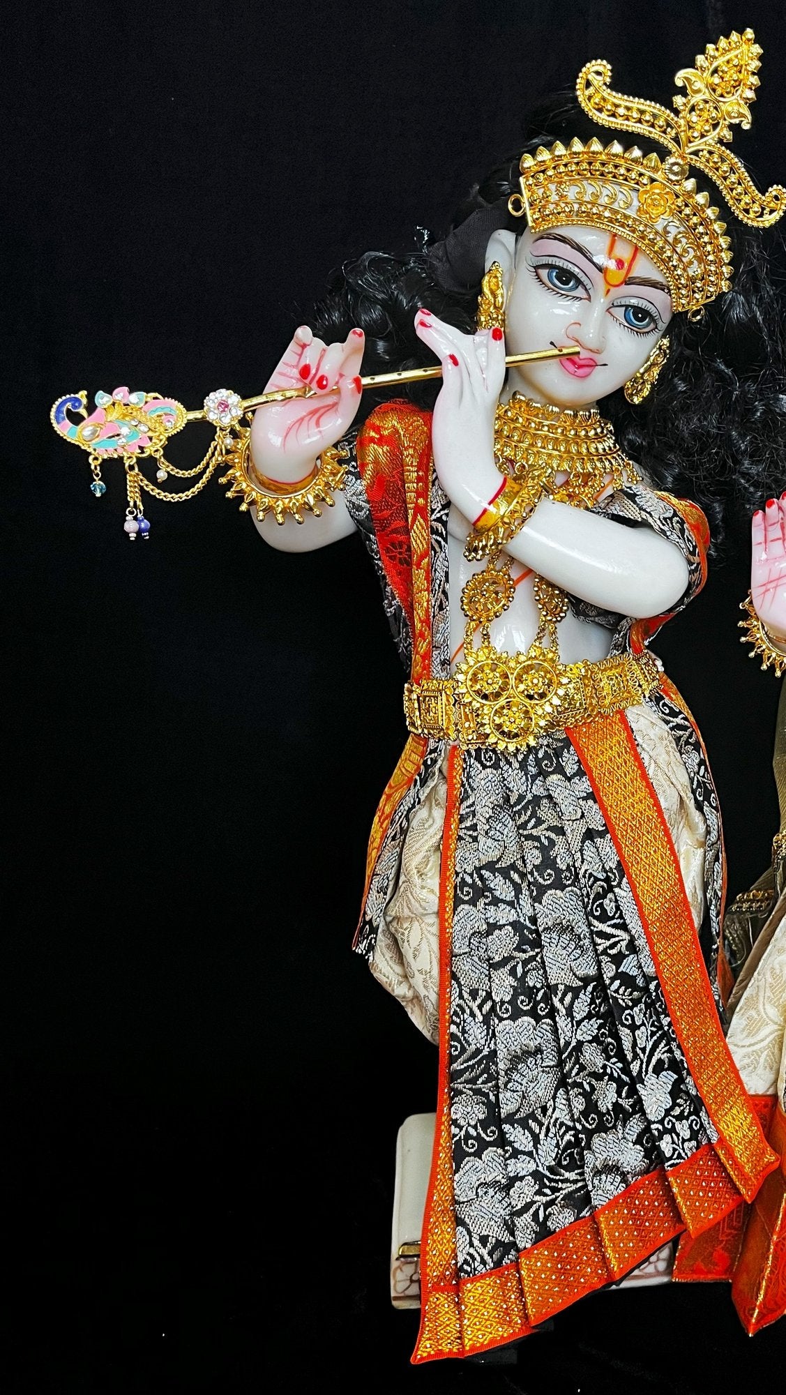Deity dhoti and patka shalya / Uparna vastra made of Brocade Silk (Pure Silk) - White and Black Dhoti with Orange zari border and matching shalya 1