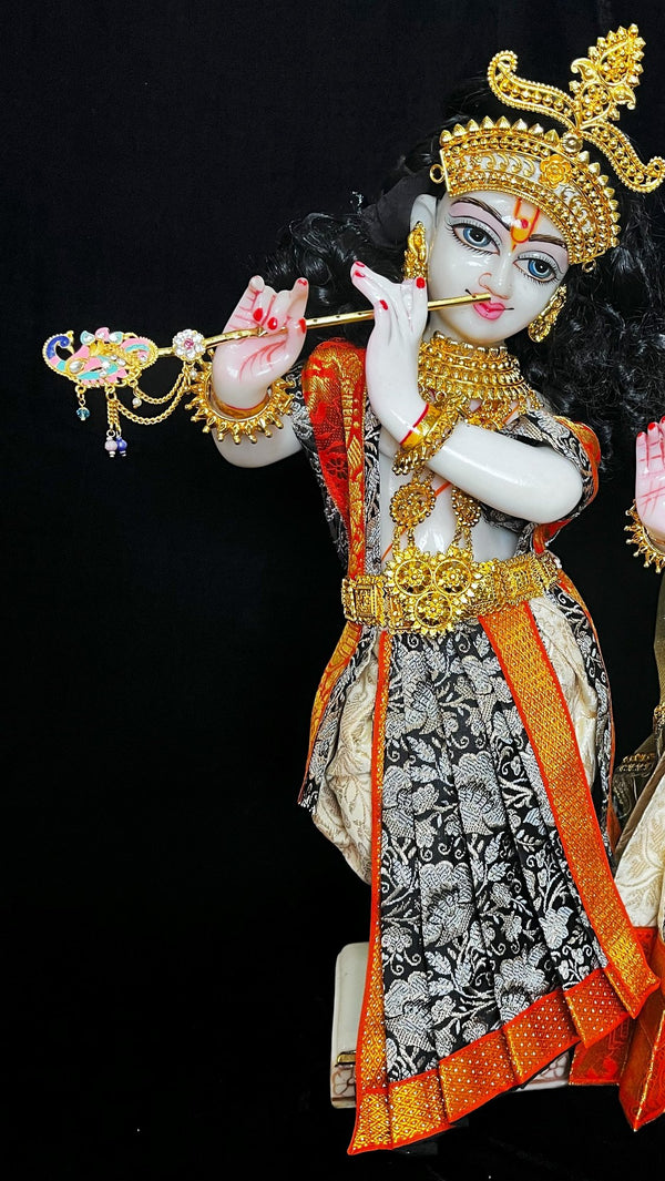 Deity dhoti and patka shalya / Uparna vastra made of Brocade Silk (Pure Silk) - White and Black Dhoti with Orange zari border and matching shalya