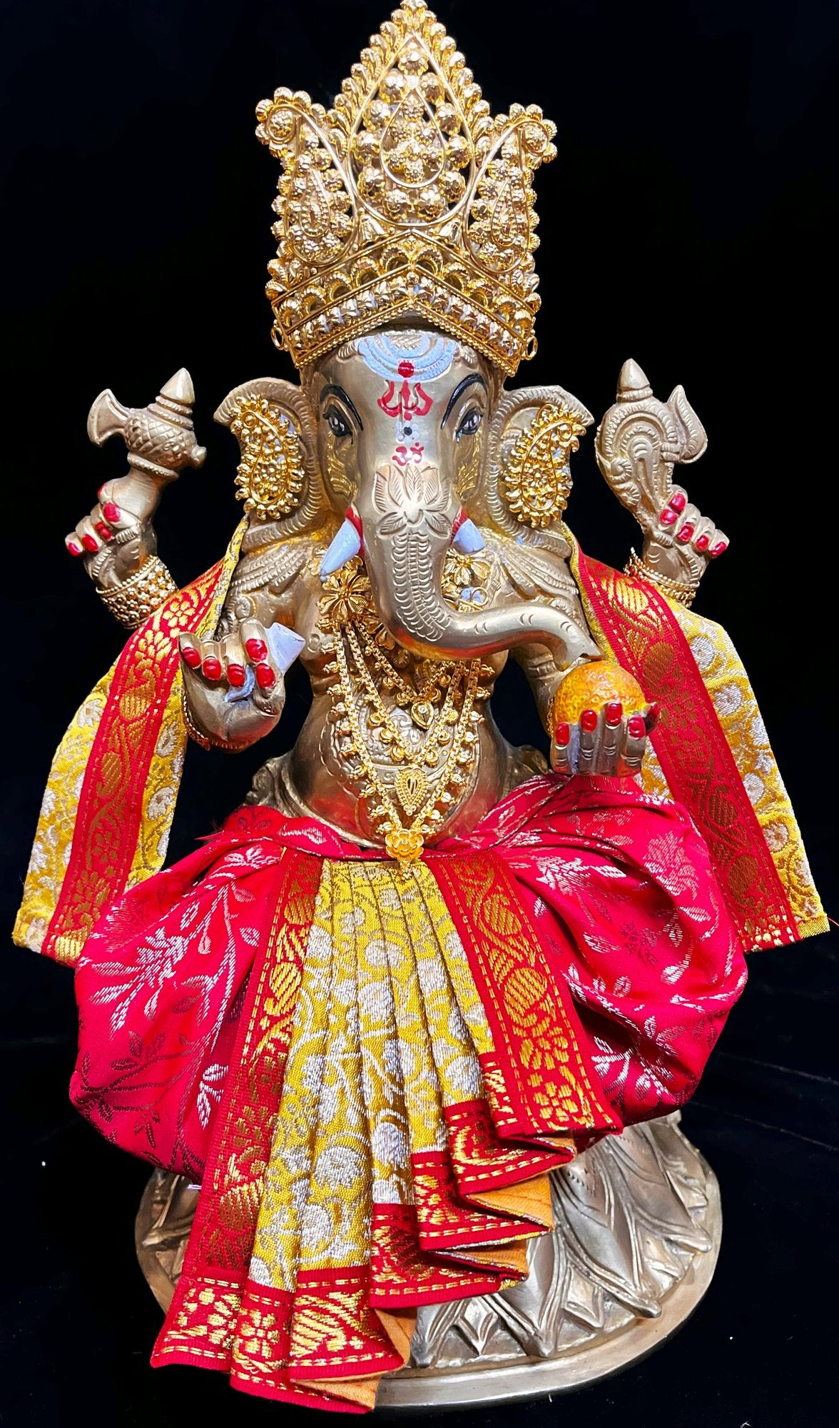 Deity dhoti and patka shalya / Uparna vastra made of Brocade Silk (Pure Silk) - Red and Yellow Dhoti with Green zari border and matching shalya 2