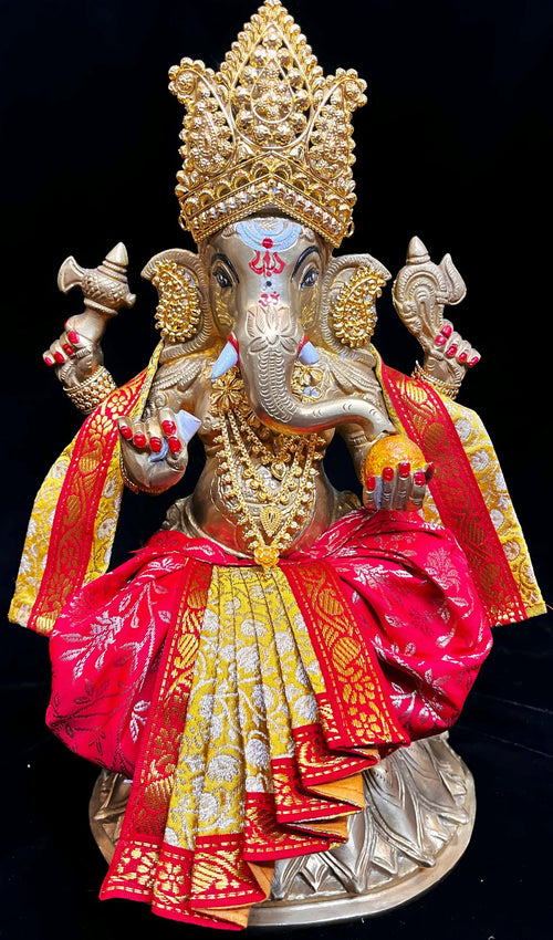 Deity dhoti and patka shalya / Uparna vastra made of Brocade Silk (Pure Silk) - Red and Yellow Dhoti with Green zari border and matching shalya