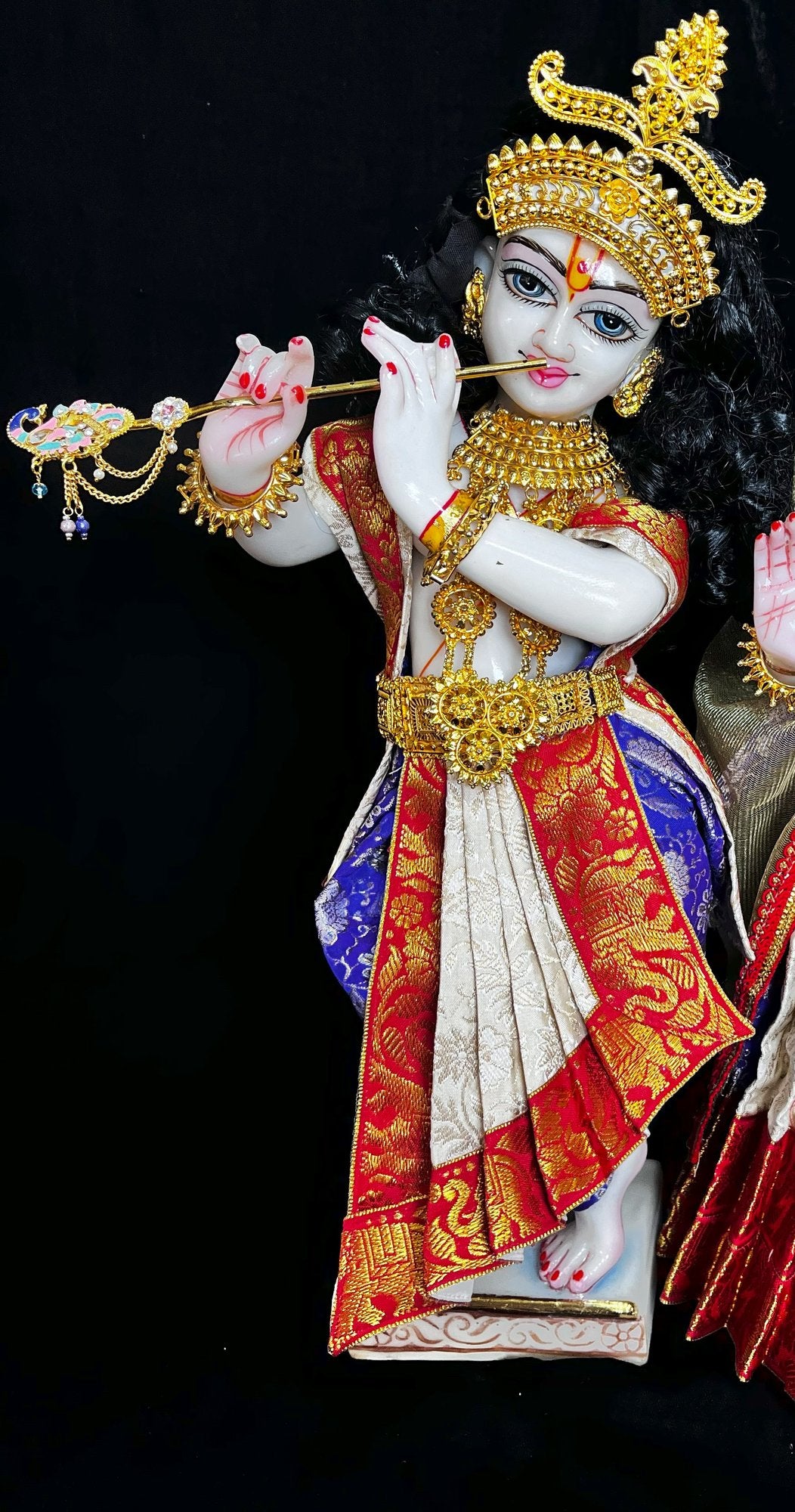 Deity dhoti and patka shalya / Uparna vastra made of Brocade Silk (Pure Silk) - Royal Blue and White Dhoti with Red zari border and matching shalya 1