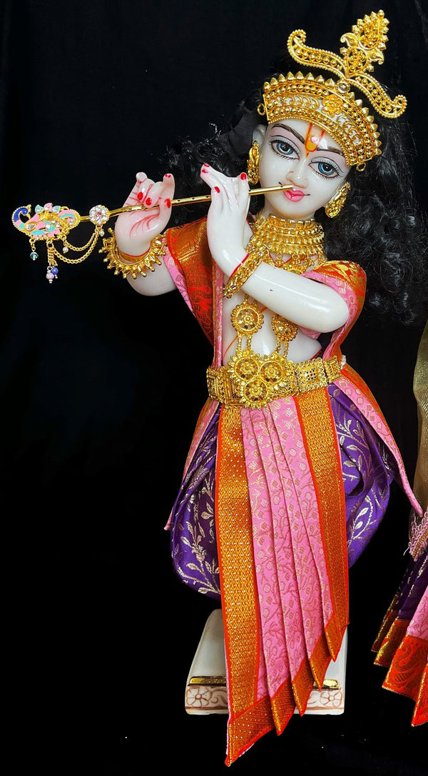 Deity dhoti and patka shalya / Uparna vastra made of Brocade Silk (Pure Silk) - Purple & Baby Pink  Dhoti with Orange zari border and matching shalya
