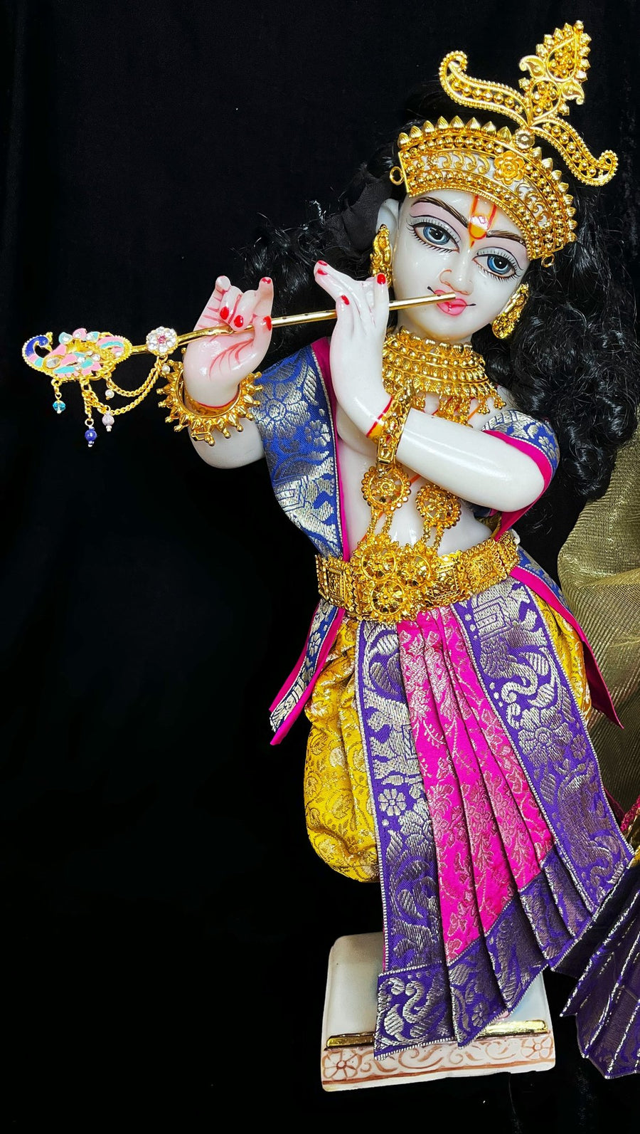 Deity dhoti and patka shalya / Uparna vastra made of Brocade Silk (Pure Silk) - Pink & Yellow  Dhoti with Purple zari border and matching shalya