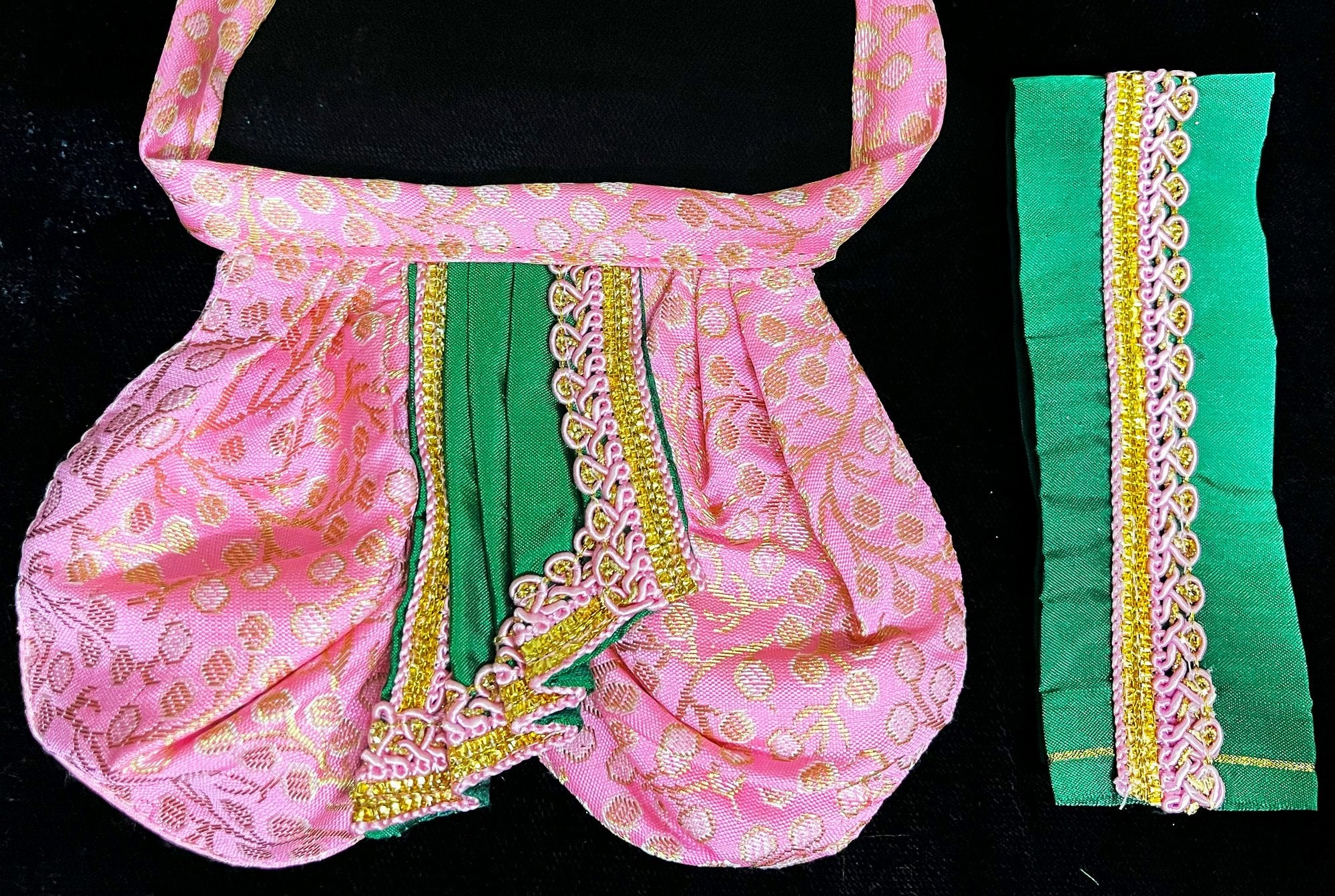 Deity dhoti and patka shalya / Uparna vastra made of Brocade Silk (Pure Silk) - Baby Pink and Green Dhoti with matching shalya 3