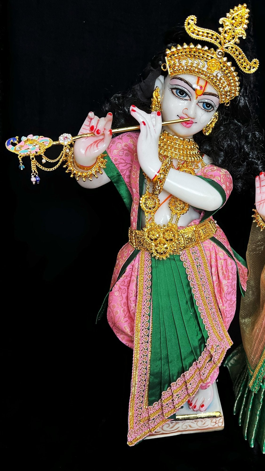 Deity dhoti and patka shalya / Uparna vastra made of Brocade Silk (Pure Silk) - Baby Pink and Green Dhoti with matching shalya 1