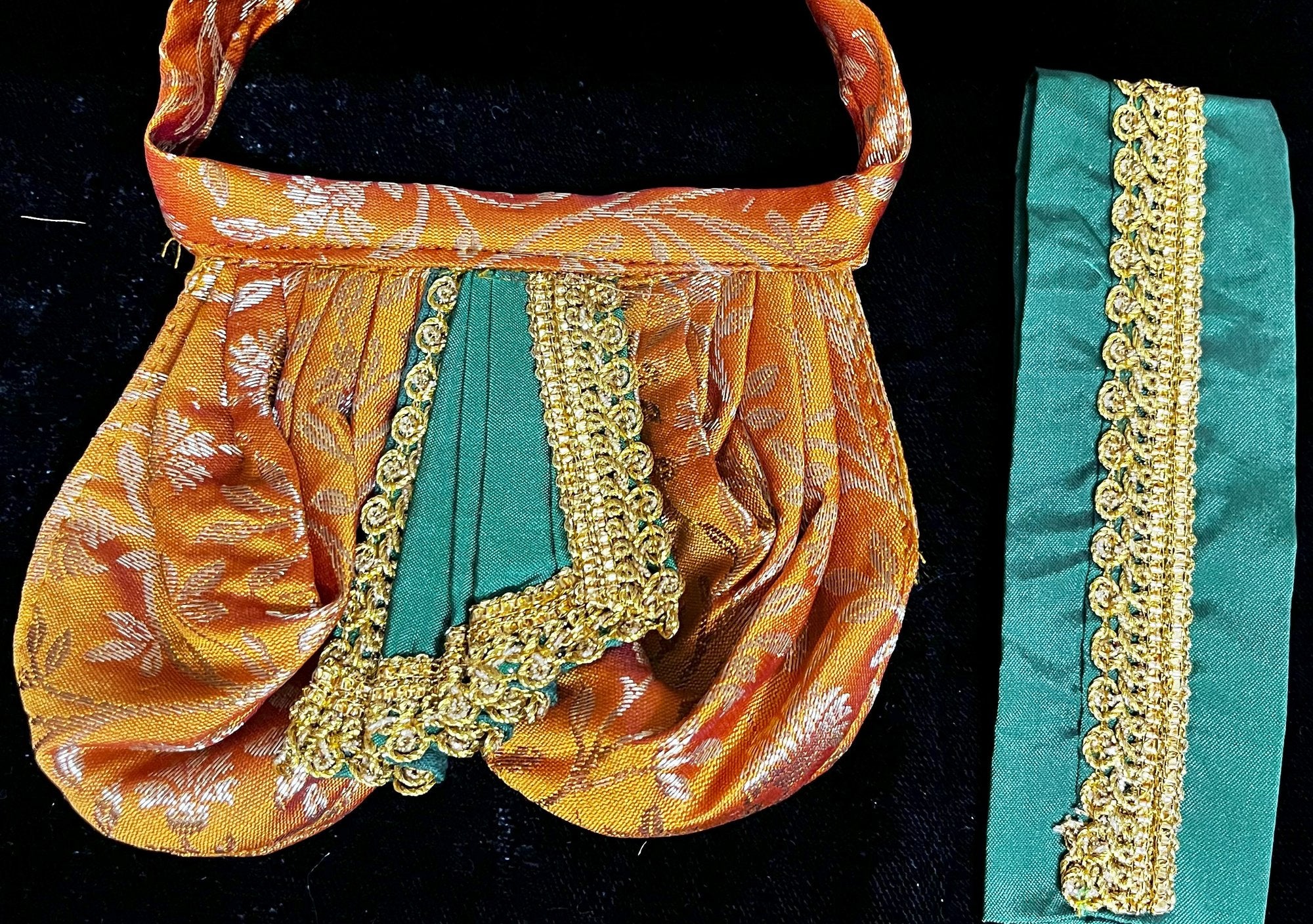 Deity dhoti and patka shalya / Uparna vastra made of Brocade Silk (Pure Silk) - Orange and Green Dhoti with matching shalya 3