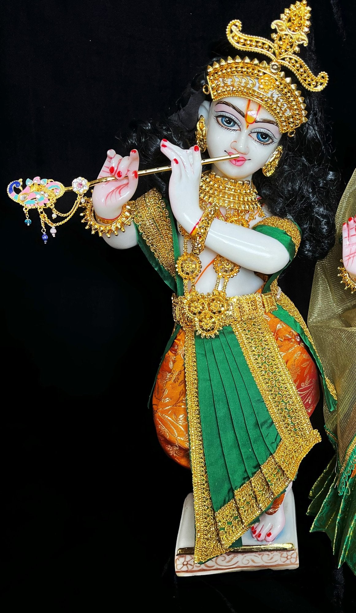 Deity dhoti and patka shalya / Uparna vastra made of Brocade Silk (Pure Silk) - Orange and Green Dhoti with matching shalya 1