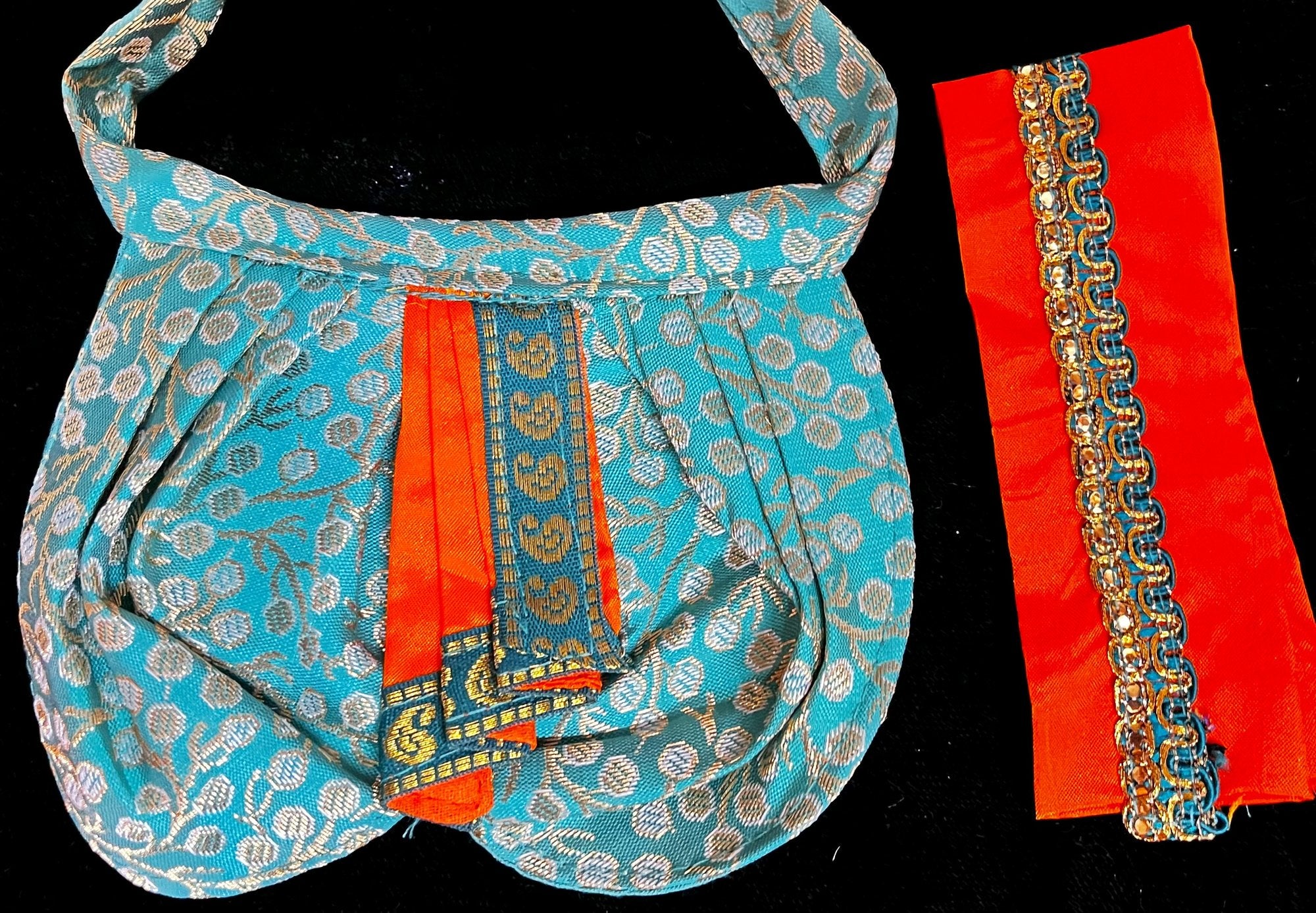 Deity dhoti and patka shalya / Uparna vastra made of Brocade Silk (Pure Silk) - Teal Green and Orange Dhoti with matching shalya 3