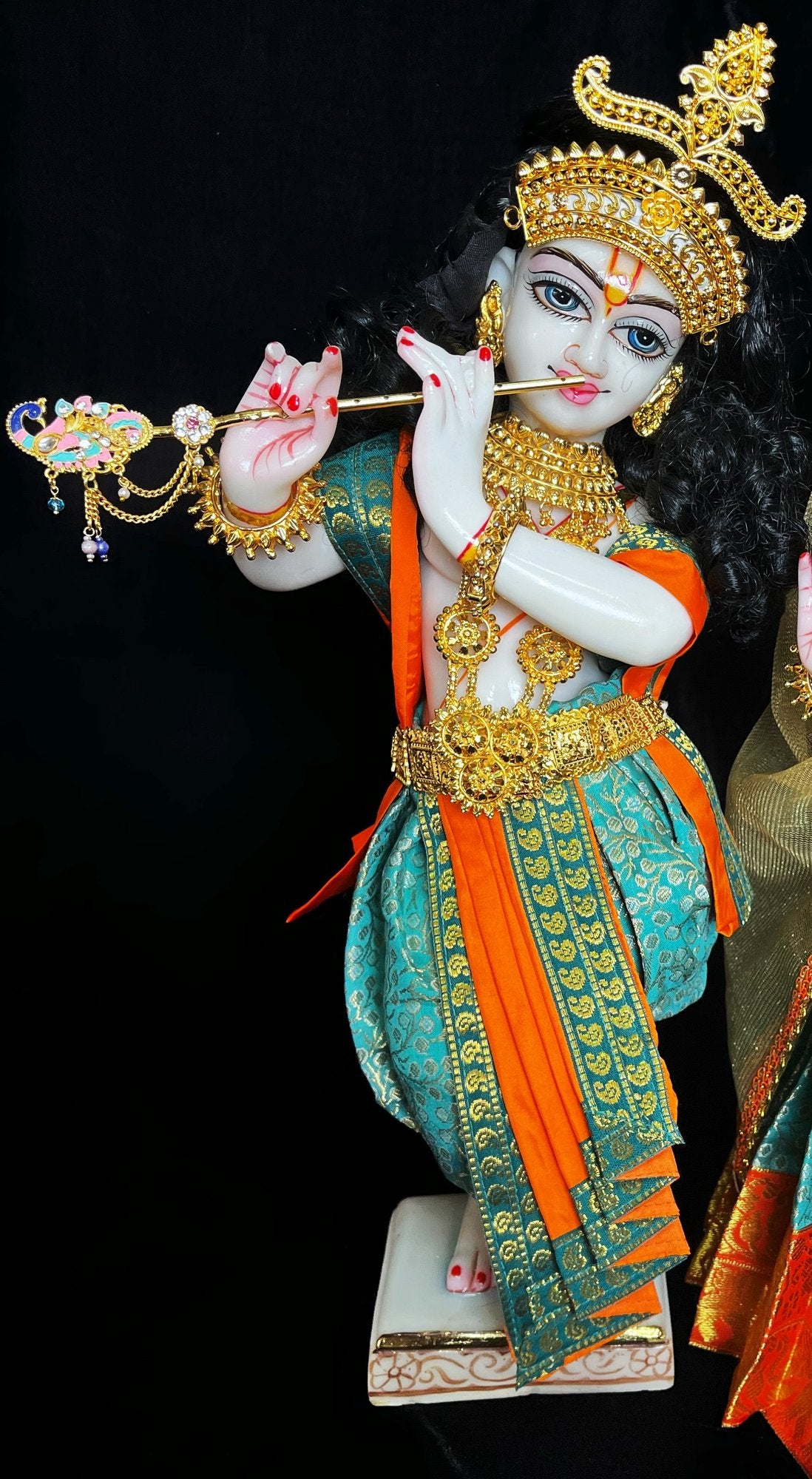 Deity dhoti and patka shalya / Uparna vastra made of Brocade Silk (Pure Silk) - Teal Green and Orange Dhoti with matching shalya 1