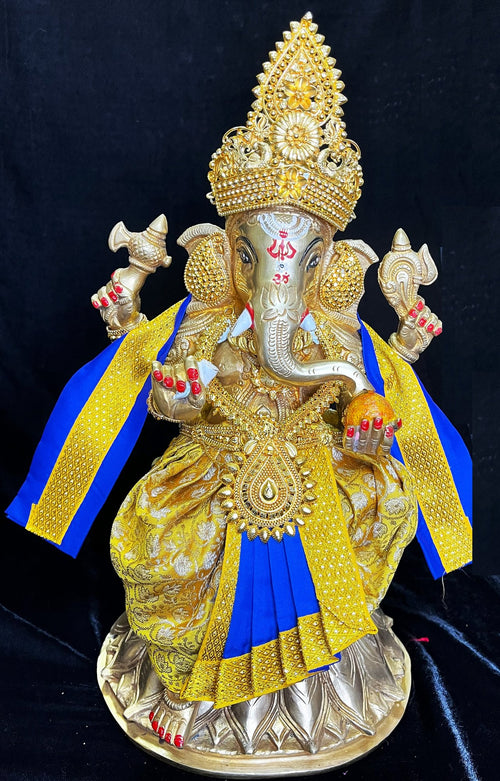 Deity dhoti and patka shalya / Uparna vastra made of Brocade Silk (Pure Silk) - Yellow and Blue Dhoti with matching shalya