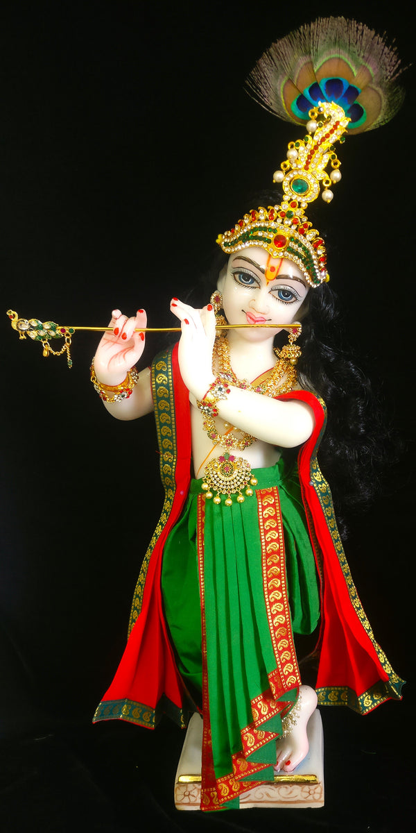 Deity dhoti and patka shalya / Uparna vastra made of Plain Silk Saree (Not Pure Silk) - Green dhoti with Red border and Red shalya