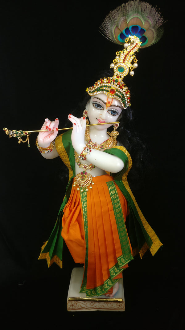 Deity dhoti and patka shalya / Uparna vastra made of Plain Silk Saree (Not Pure Silk) - Orange dhoti with Green border and Green shalya