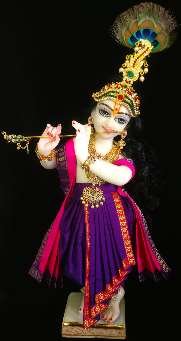 Deity dhoti and patka shalya / Uparna vastra made of Plain Silk Saree (Not Pure Silk) - Purple dhoti with Rani Pink border and Rani Pink shalya