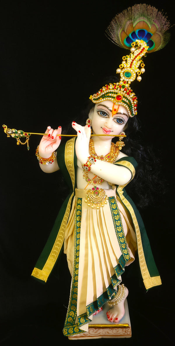 Deity dhoti and patka shalya / Uparna vastra made of Plain Silk Saree (Not Pure Silk) - Off White dhoti with Bottle Green border and Bottle Green shalya