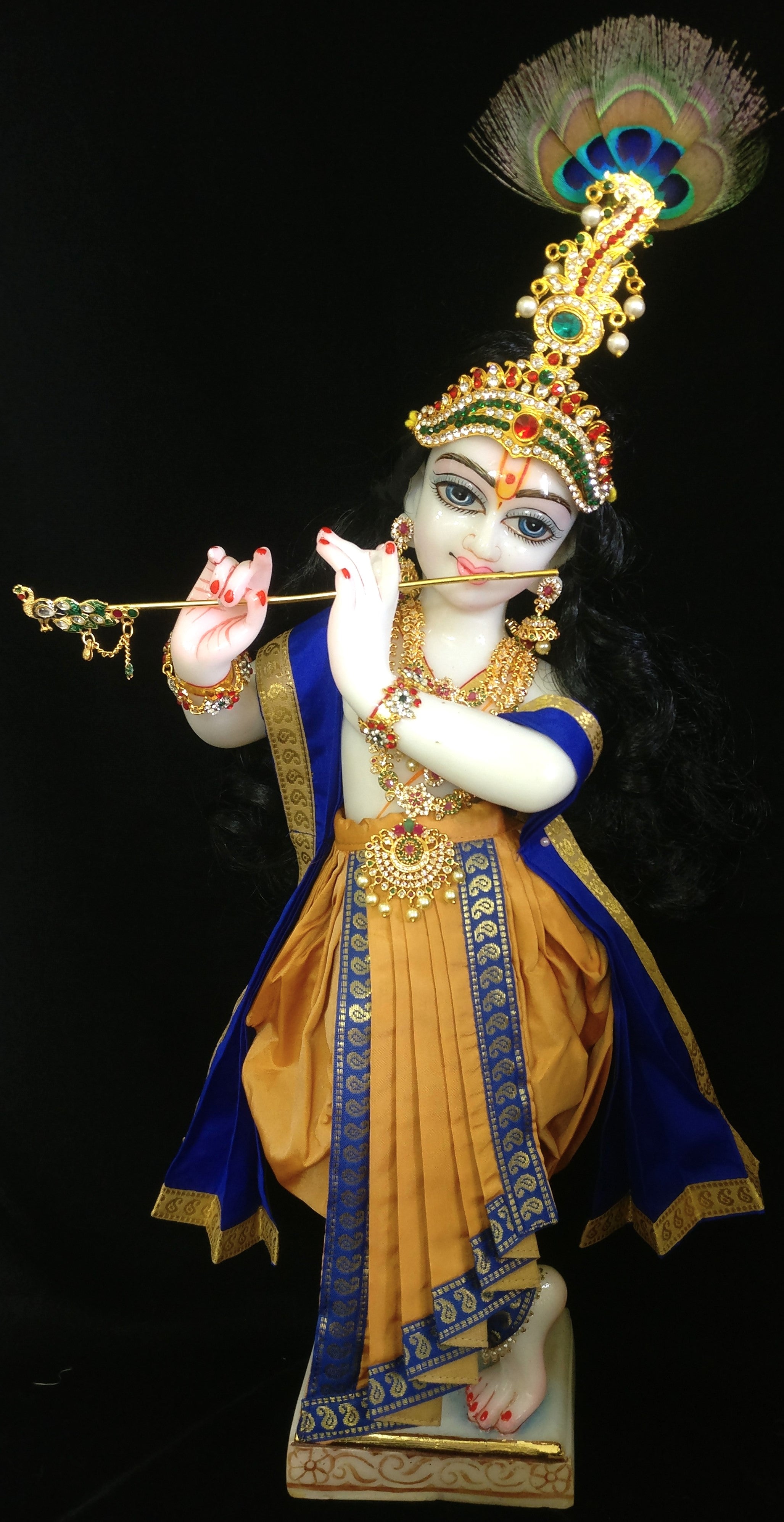 Deity dhoti and patka shalya / Uparna vastra made of Plain Silk Saree (Not Pure Silk) - Mustard dhoti with Blue border and Blue shalya 1