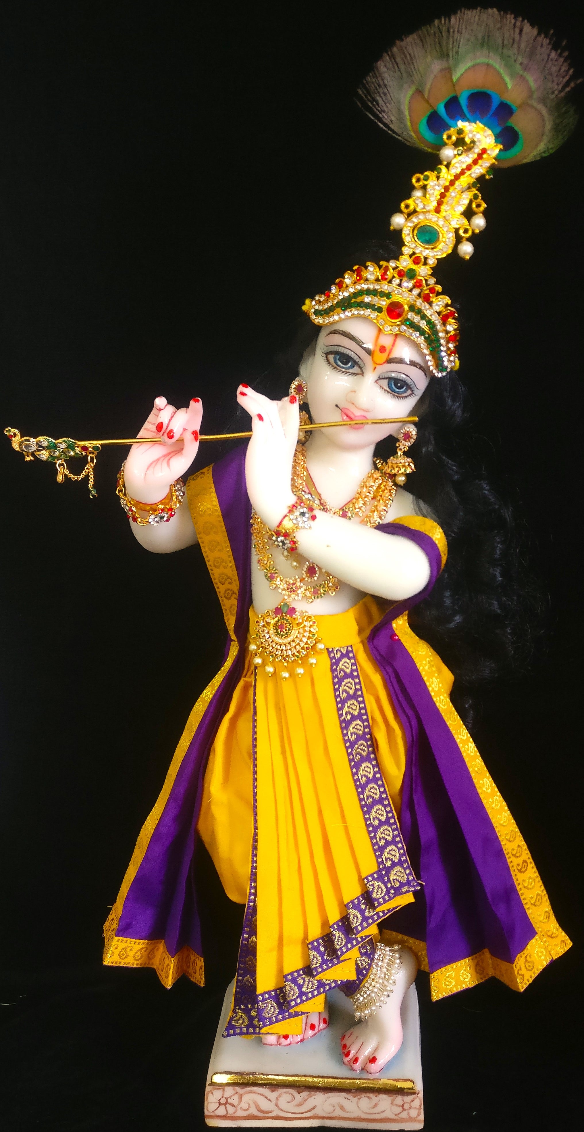 Deity dhoti and patka shalya / Uparna vastra made of Plain Silk Saree (Not Pure Silk) - Yellow dhoti with Purple border and Purple shalya 1