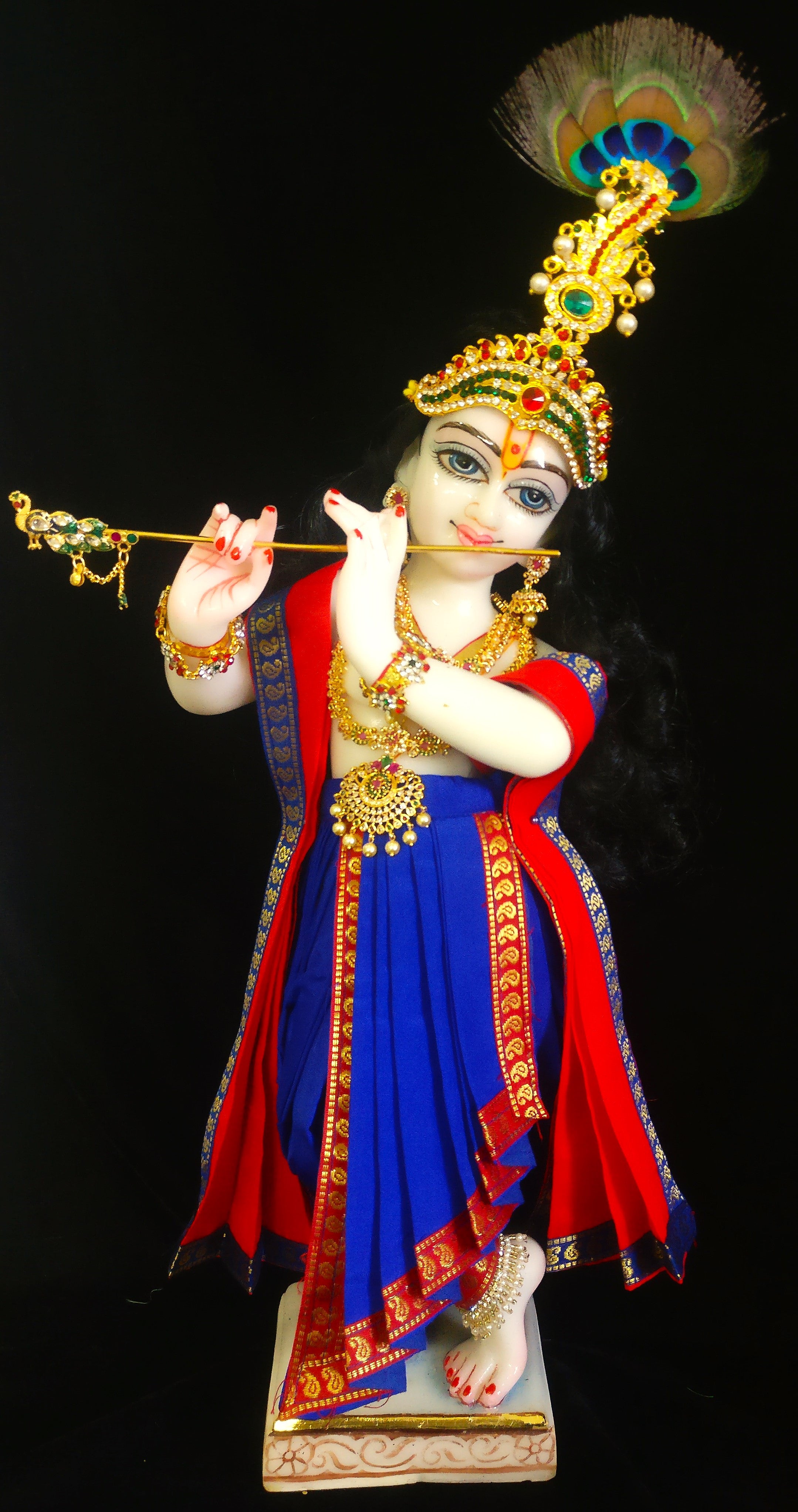 Deity dhoti and patka shalya / Uparna vastra made of Plain Silk Saree (Not Pure Silk) - Royal Blue dhoti with Red border and Red shalya 1
