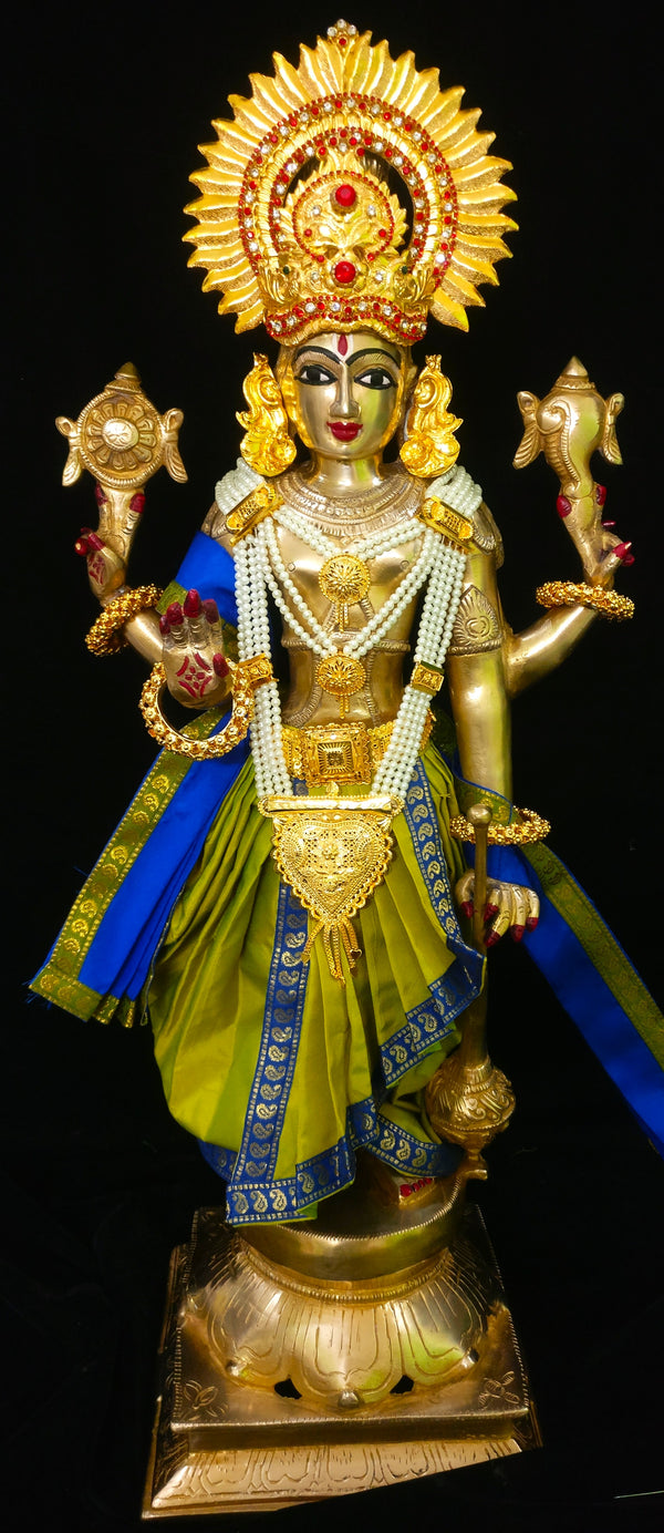 Deity dhoti and patka shalya / Uparna vastra made of Plain Silk Saree (Not Pure Silk) - Parrot Green dhoti with Royal Blue border and Royal Blue shalya