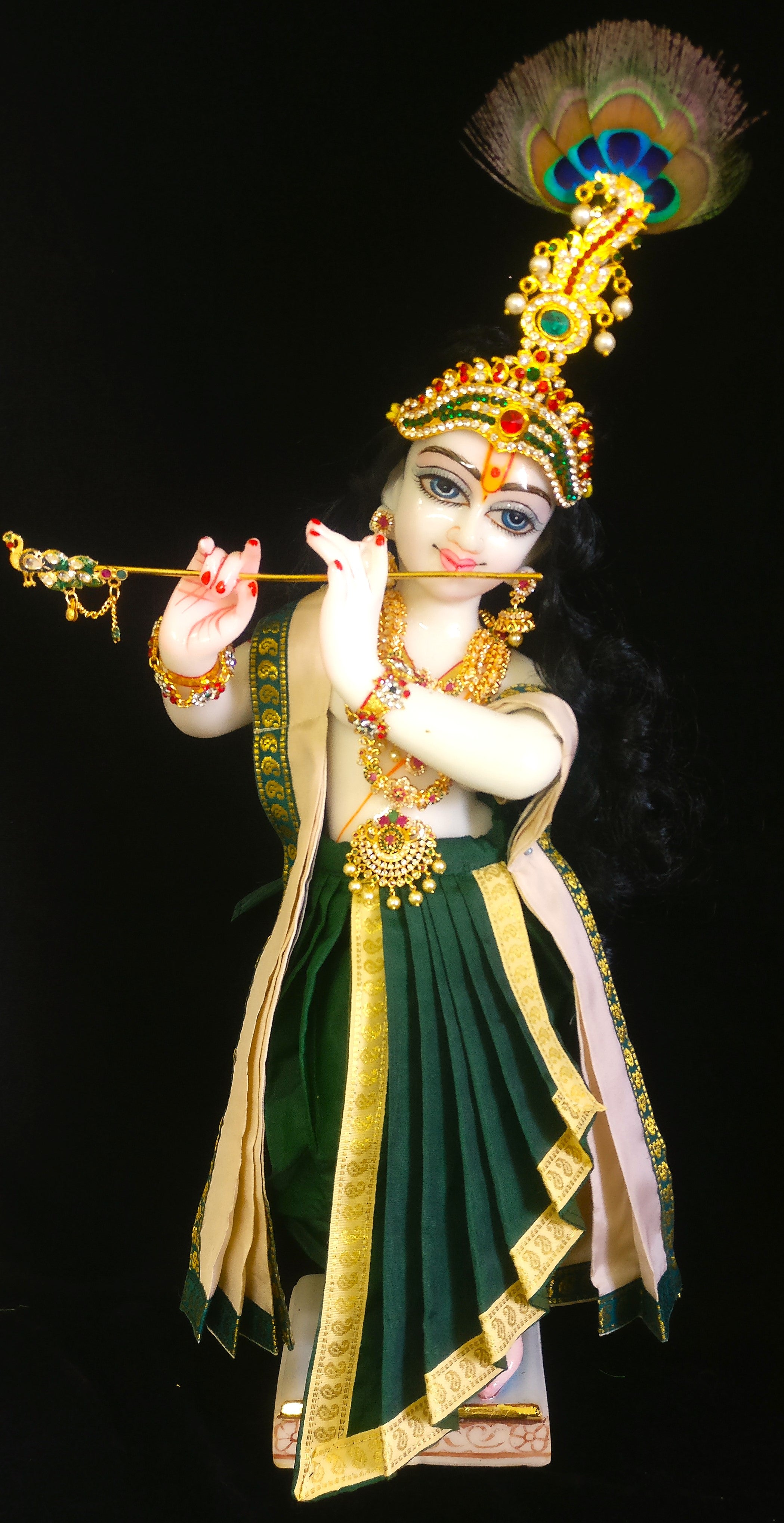 Deity dhoti and patka shalya / Uparna vastra made of Plain Silk Saree (Not Pure Silk) - Bottle Green dhoti with Off White border and Off White shalya 1