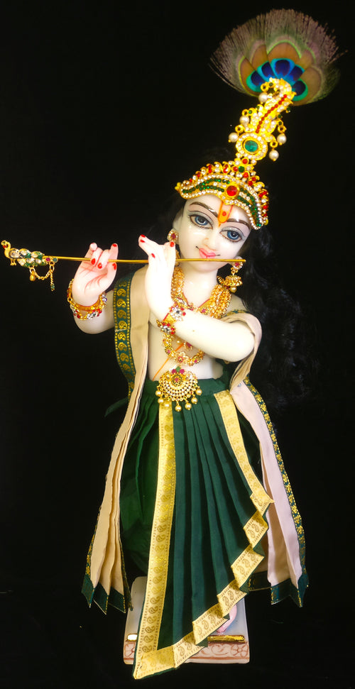 Deity dhoti and patka shalya / Uparna vastra made of Plain Silk Saree (Not Pure Silk) - Bottle Green dhoti with Off White border and Off White shalya