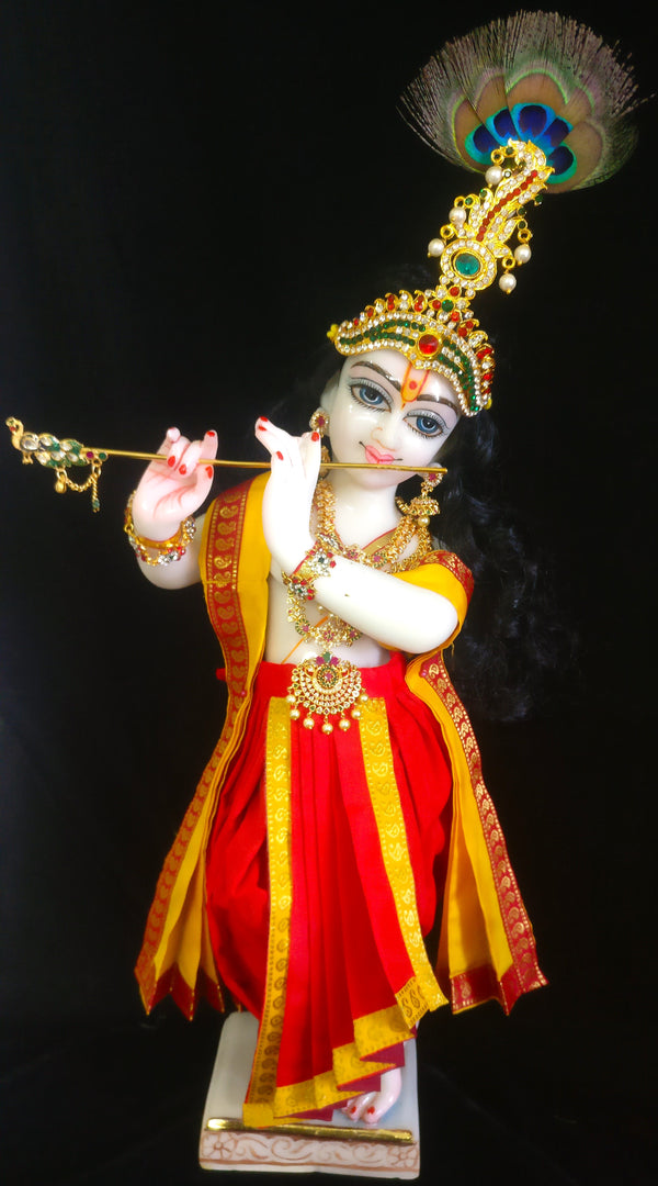 Deity dhoti and patka shalya / Uparna vastra made of Plain Silk Saree (Not Pure Silk) - Red dhoti with Yellow  border and Yellow shalya