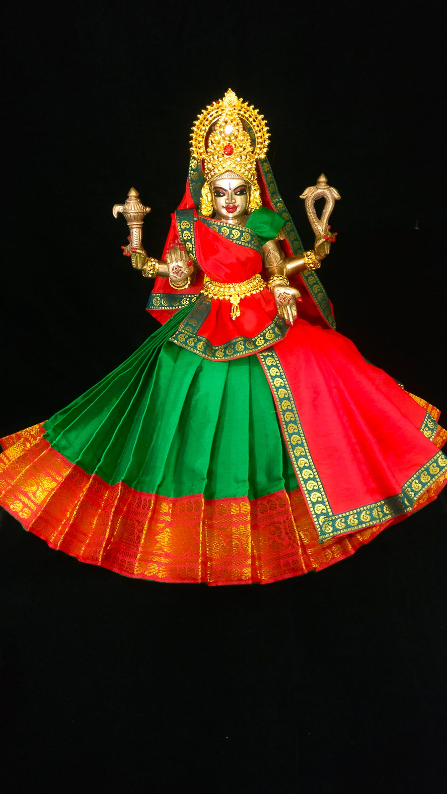 Deity half saree / lehenga patka made of Plain Silk (Not Pure Silk) - Green Saree with Red border and Red Dupatta