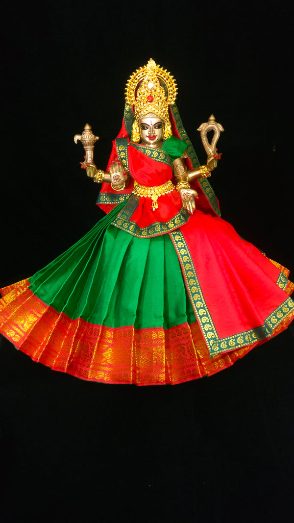 Deity half saree / lehenga patka made of Plain Silk (Not Pure Silk) - Green Saree with Red border and Red Dupatta