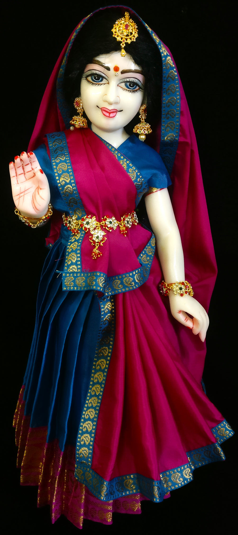 Deity half saree / lehenga patka made of Plain Silk (Not Pure Silk) - Blue Saree with Pink border and Pink Dupatta