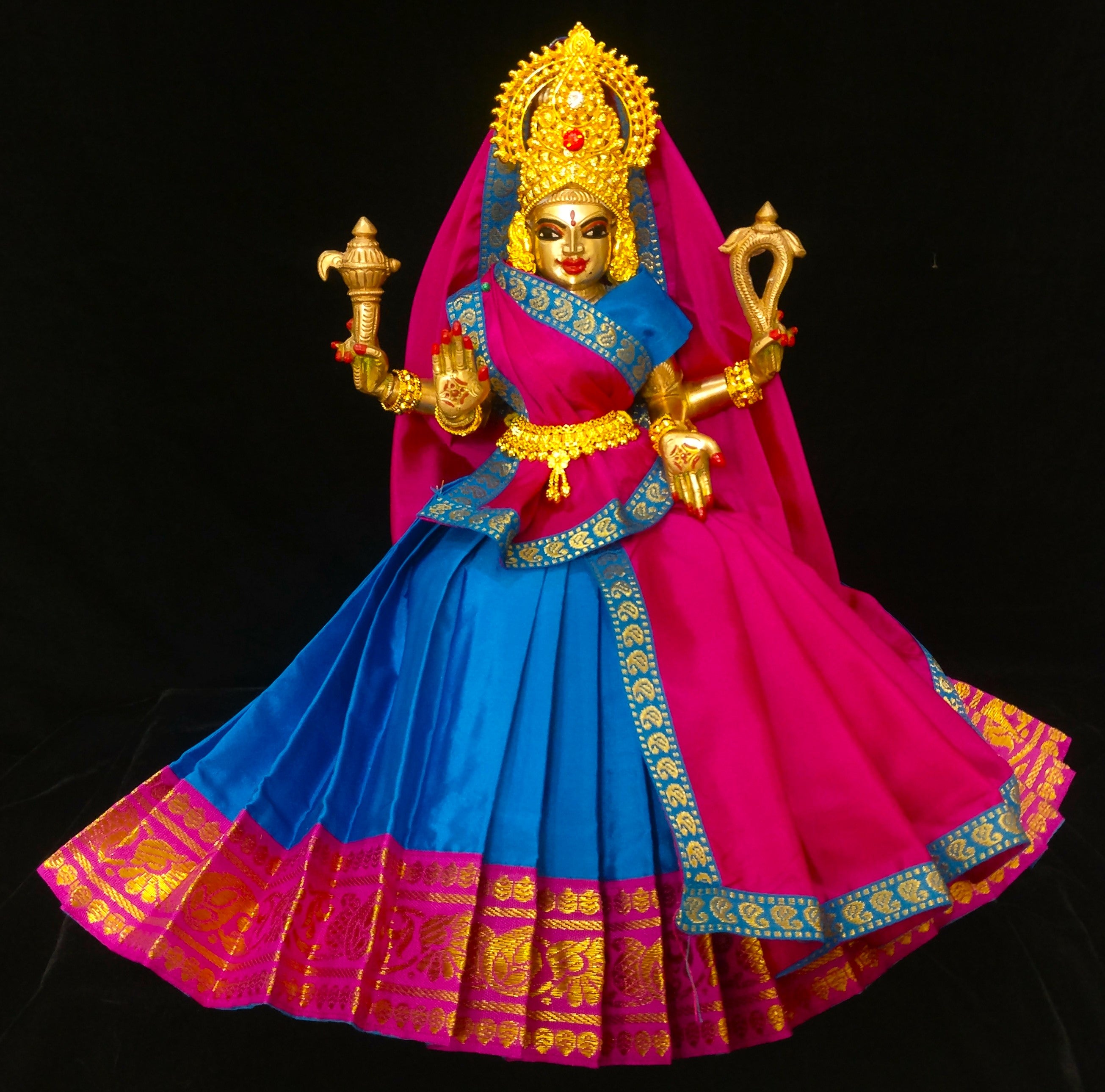 Deity half saree / lehenga patka made of Plain Silk (Not Pure Silk) - Blue Saree with Pink border and Pink Dupatta 2